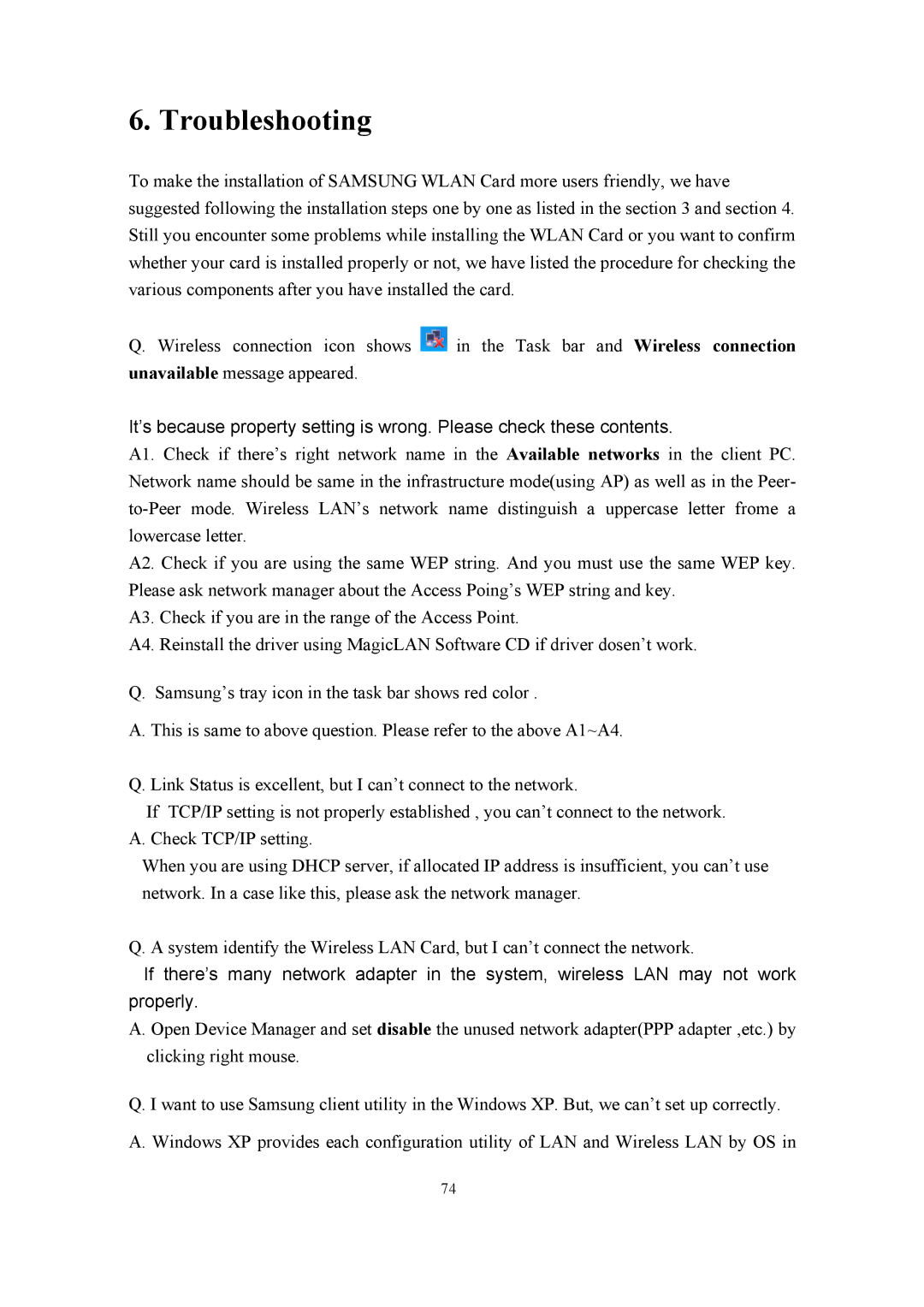 Samsung SWL-2100N user manual Troubleshooting 