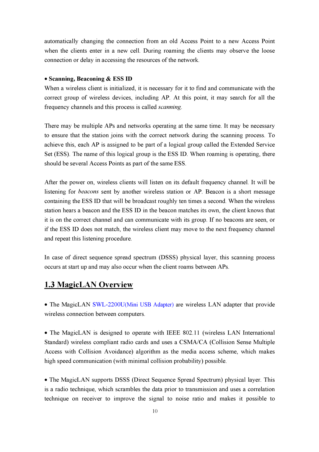 Samsung SWL-2200U user manual MagicLAN Overview, Scanning, Beaconing & ESS ID 