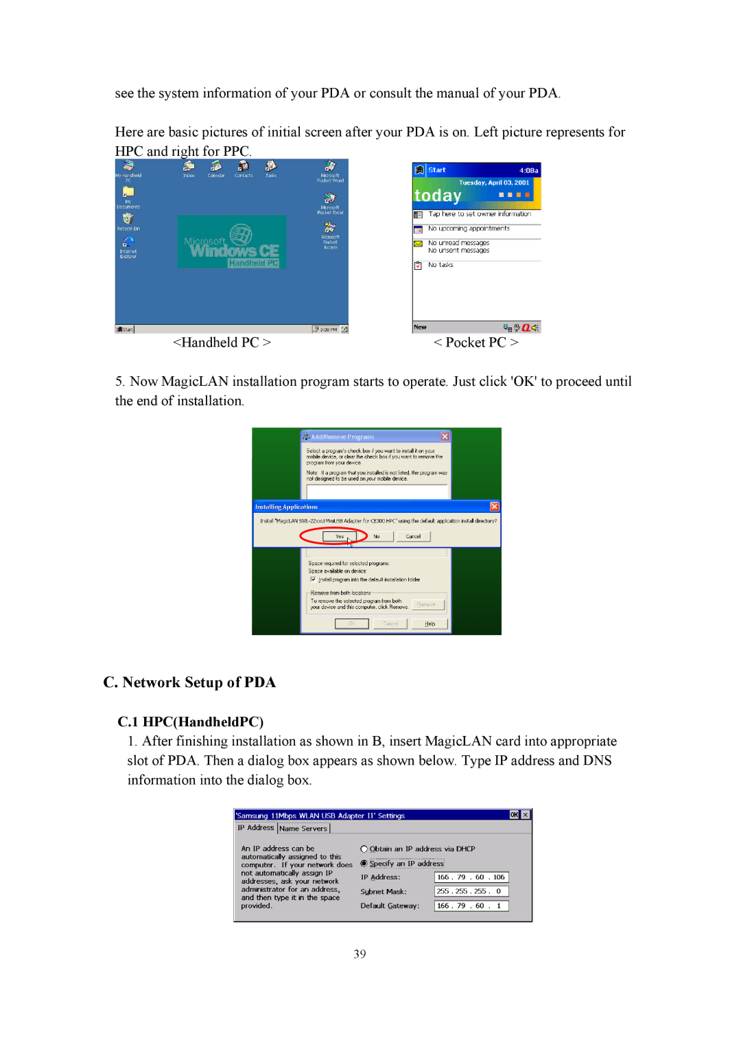 Samsung SWL-2200U user manual Network Setup of PDA, HPCHandheldPC 