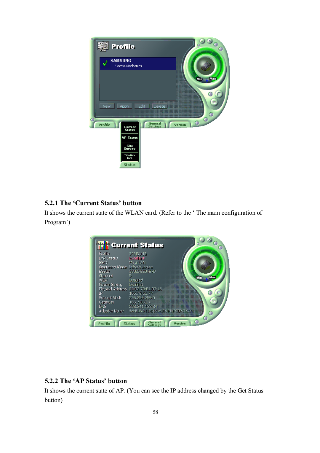 Samsung SWL-2200U user manual ‘Current Status’ button, ‘AP Status’ button 