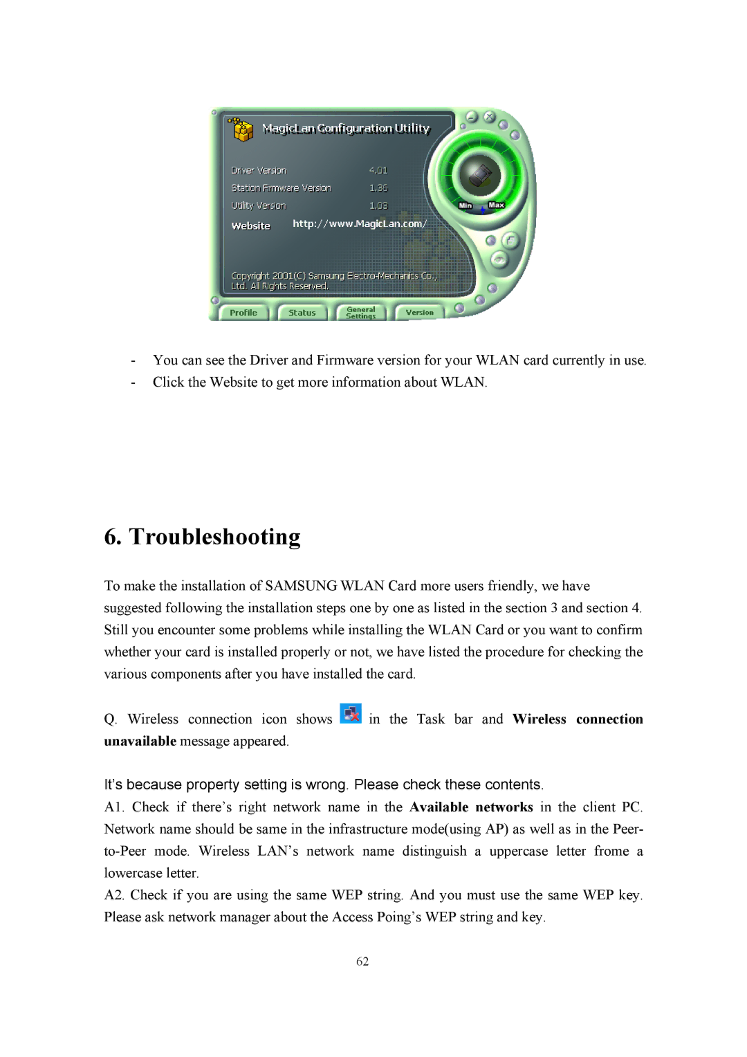 Samsung SWL-2200U user manual Troubleshooting 