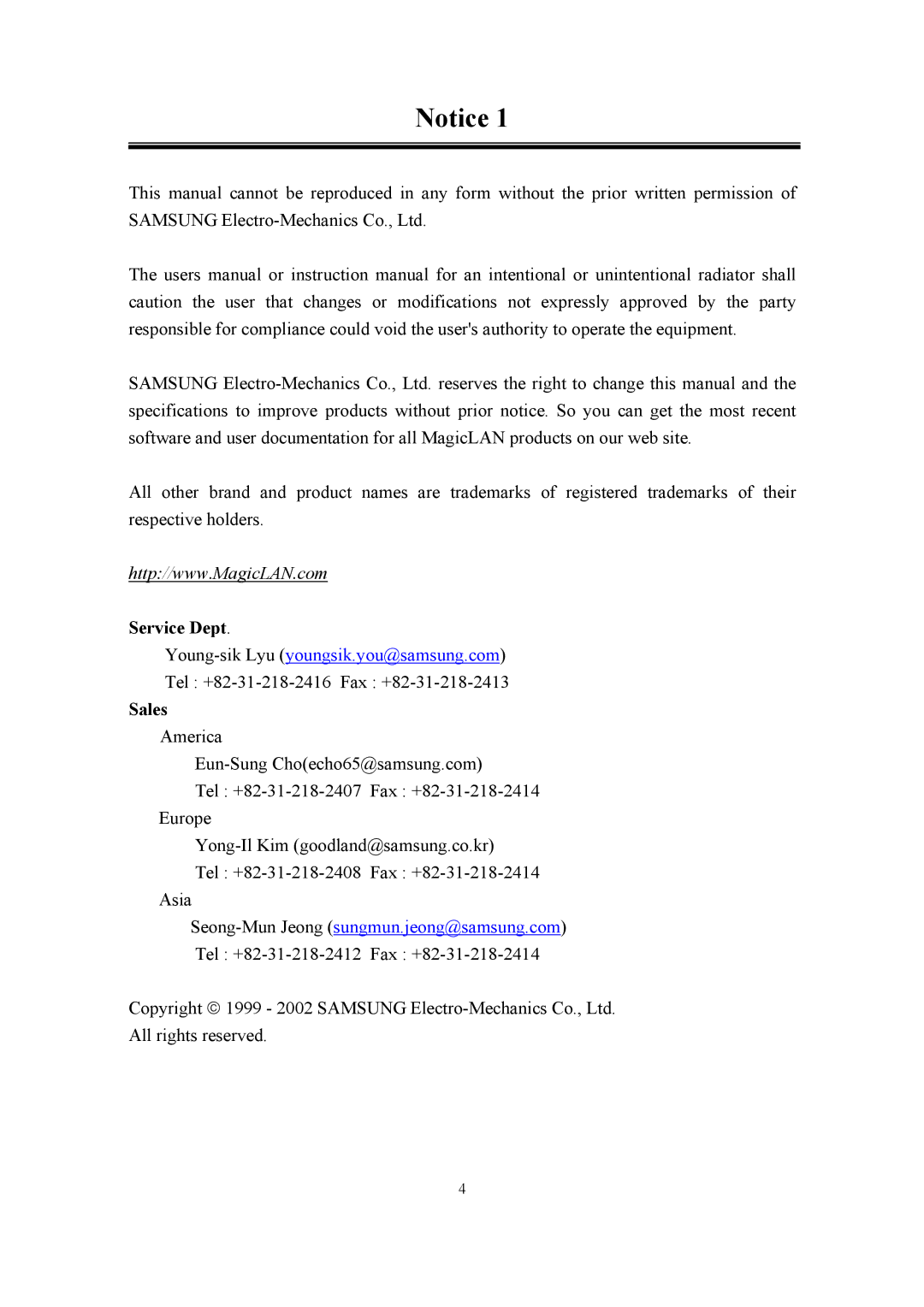 Samsung SWL-2210M, SWL-2210P user manual Service Dept 