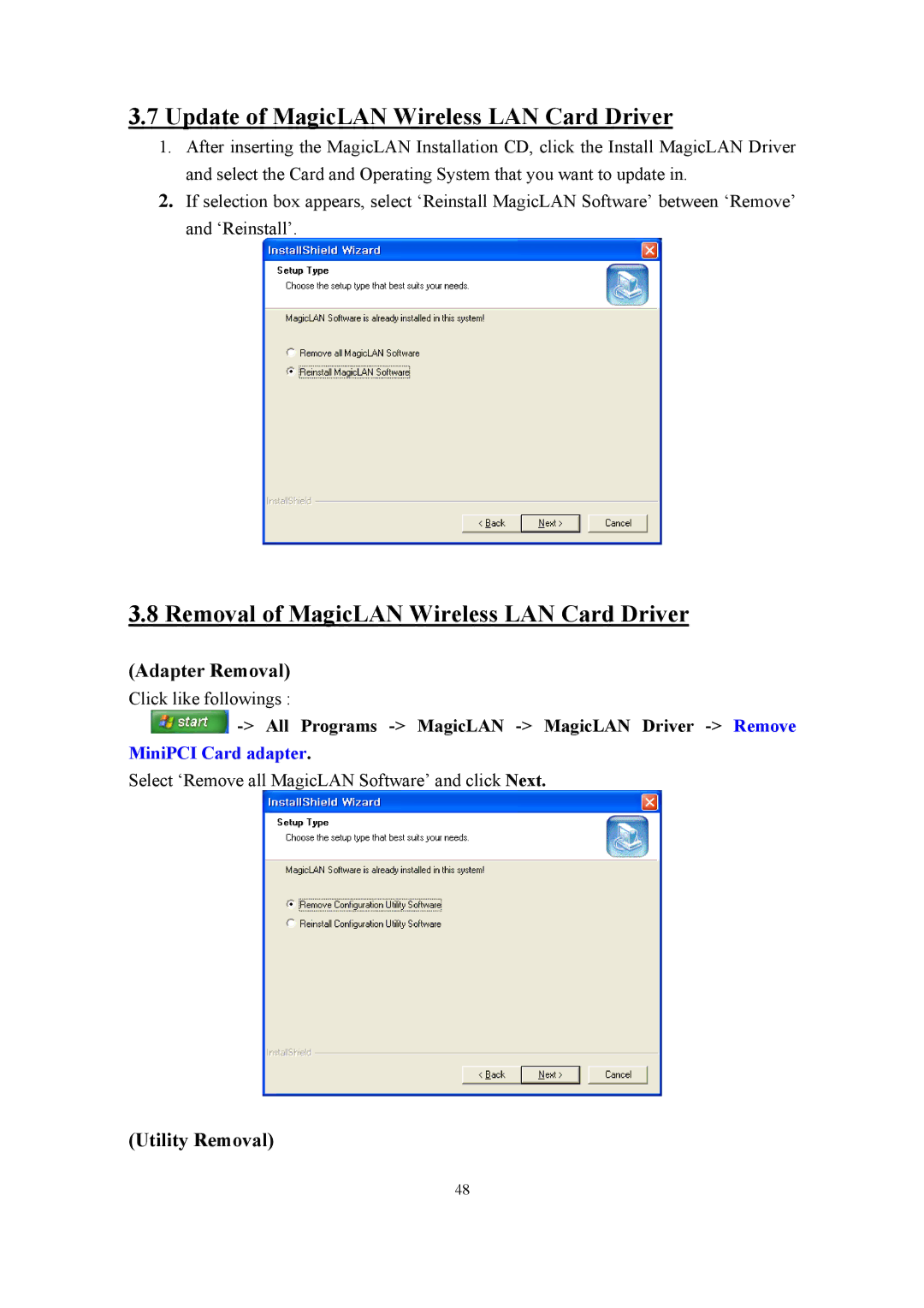 Samsung SWL-2210M, SWL-2210P Update of MagicLAN Wireless LAN Card Driver, Removal of MagicLAN Wireless LAN Card Driver 