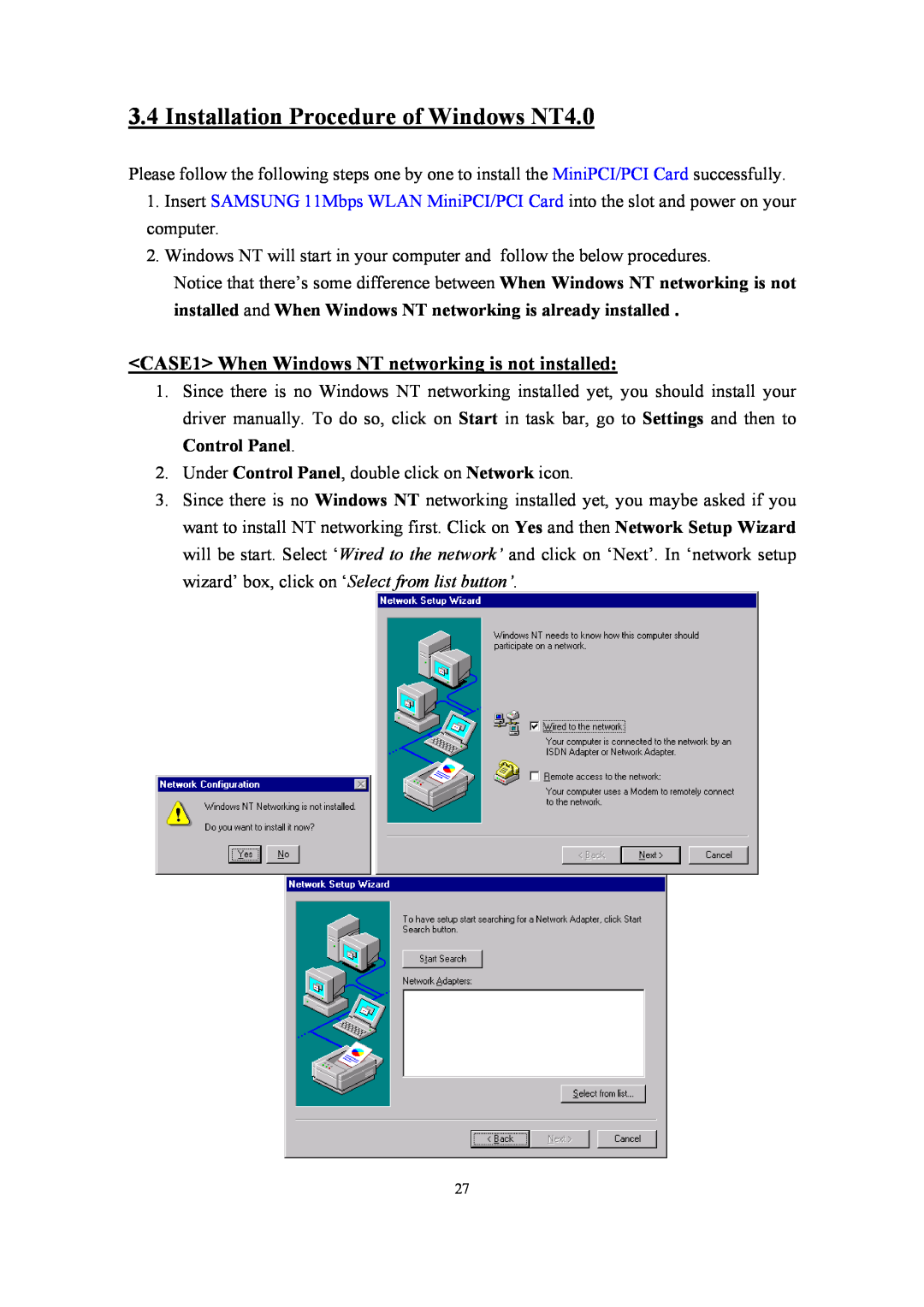 Samsung SWL-2210P, SWL-2210M Installation Procedure of Windows NT4.0, CASE1 When Windows NT networking is not installed 