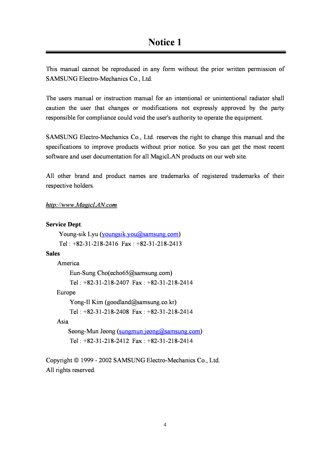 Samsung SWL-2210M, SWL-2210P user manual Service Dept, Sales 