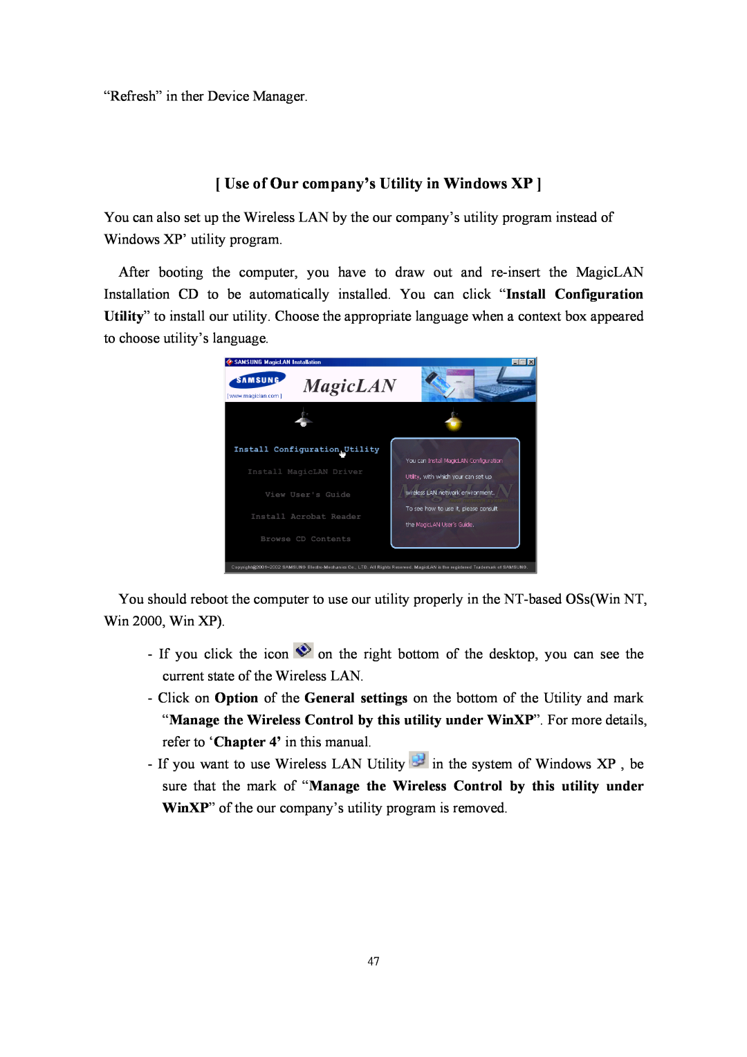 Samsung SWL-2210P, SWL-2210M user manual Use of Our company’s Utility in Windows XP 