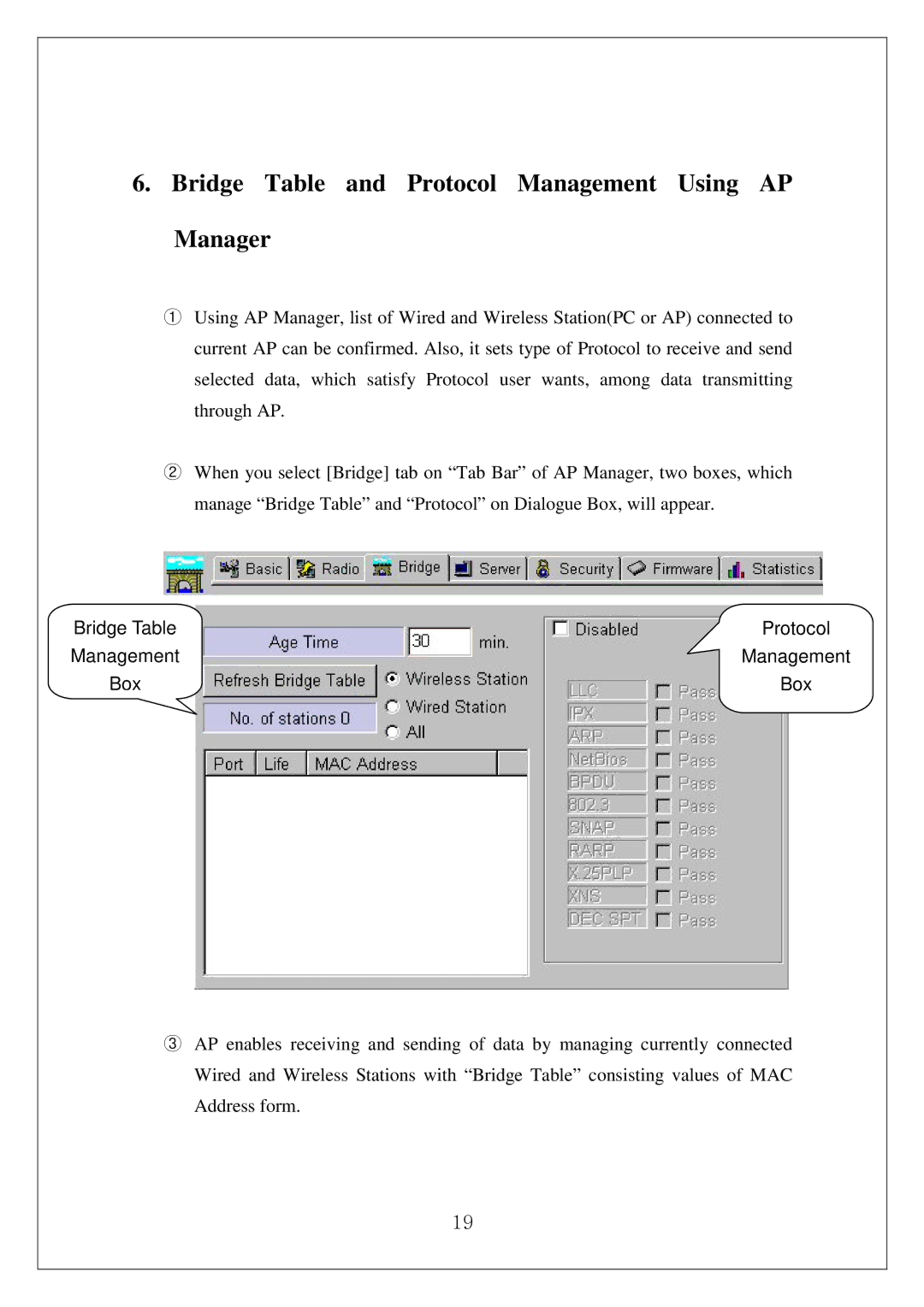 Samsung SWL-3000AP manual Bridge Table and Protocol Management Using AP Manager, Management Box 