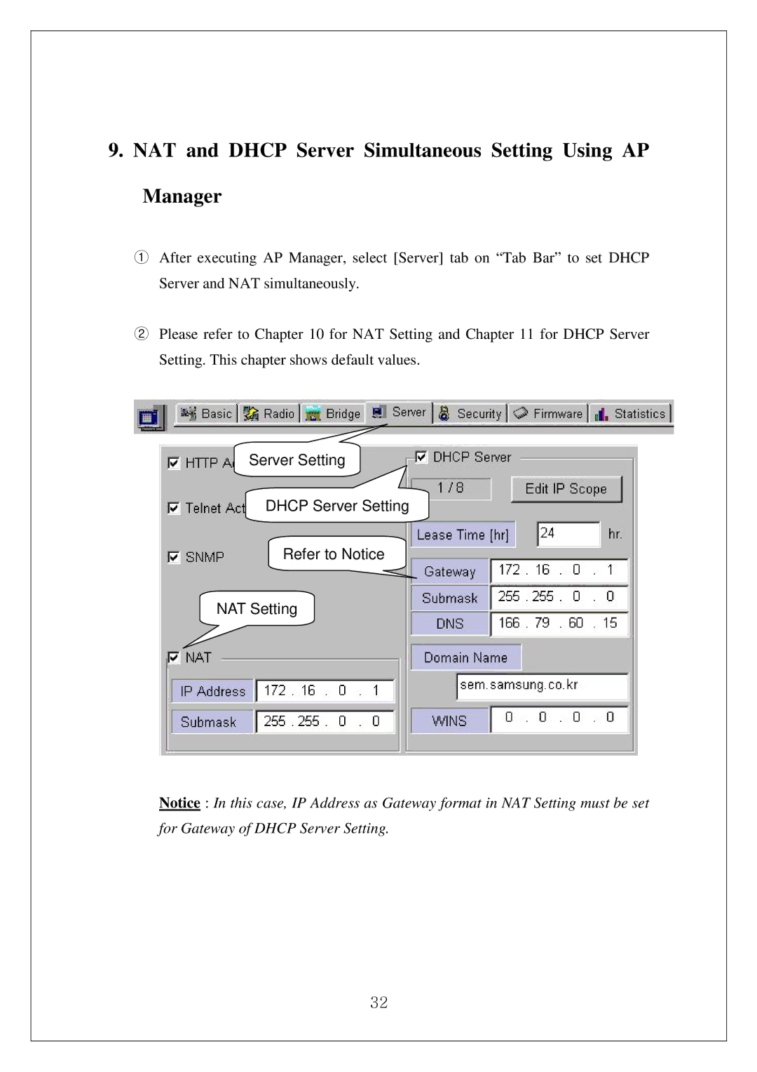 Samsung SWL-3000AP manual NAT and Dhcp Server Simultaneous Setting Using AP Manager 