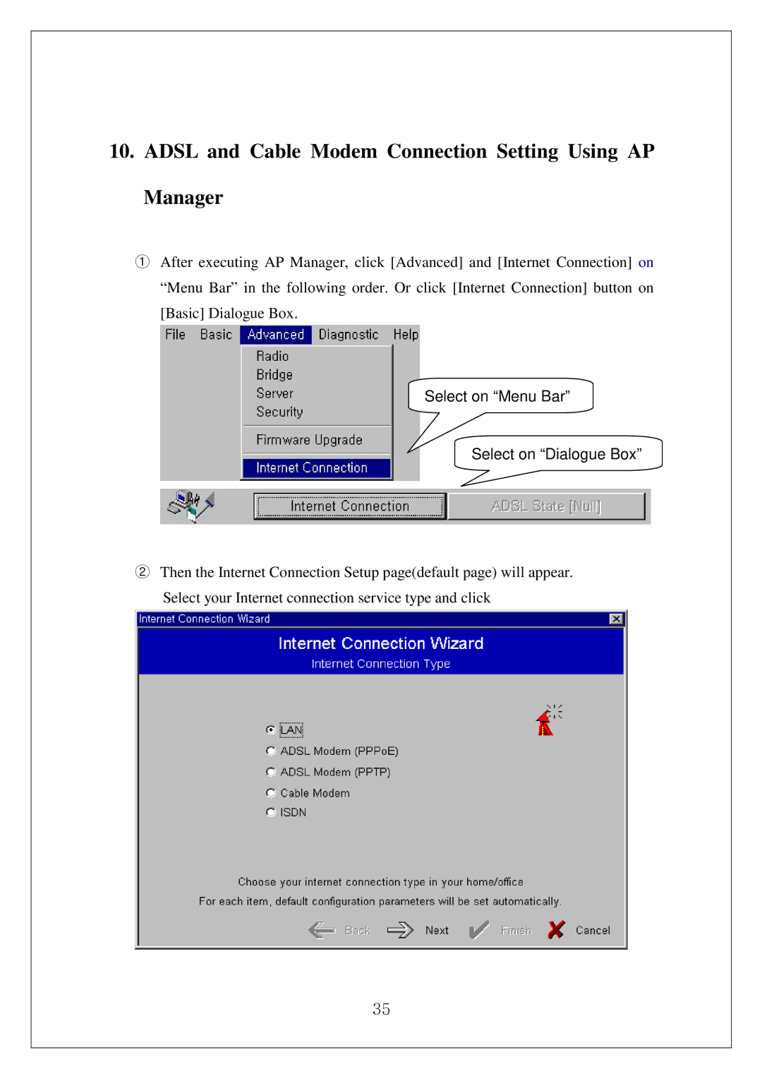 Samsung SWL-3000AP Adsl and Cable Modem Connection Setting Using AP Manager, Select on Menu Bar Select on Dialogue Box 