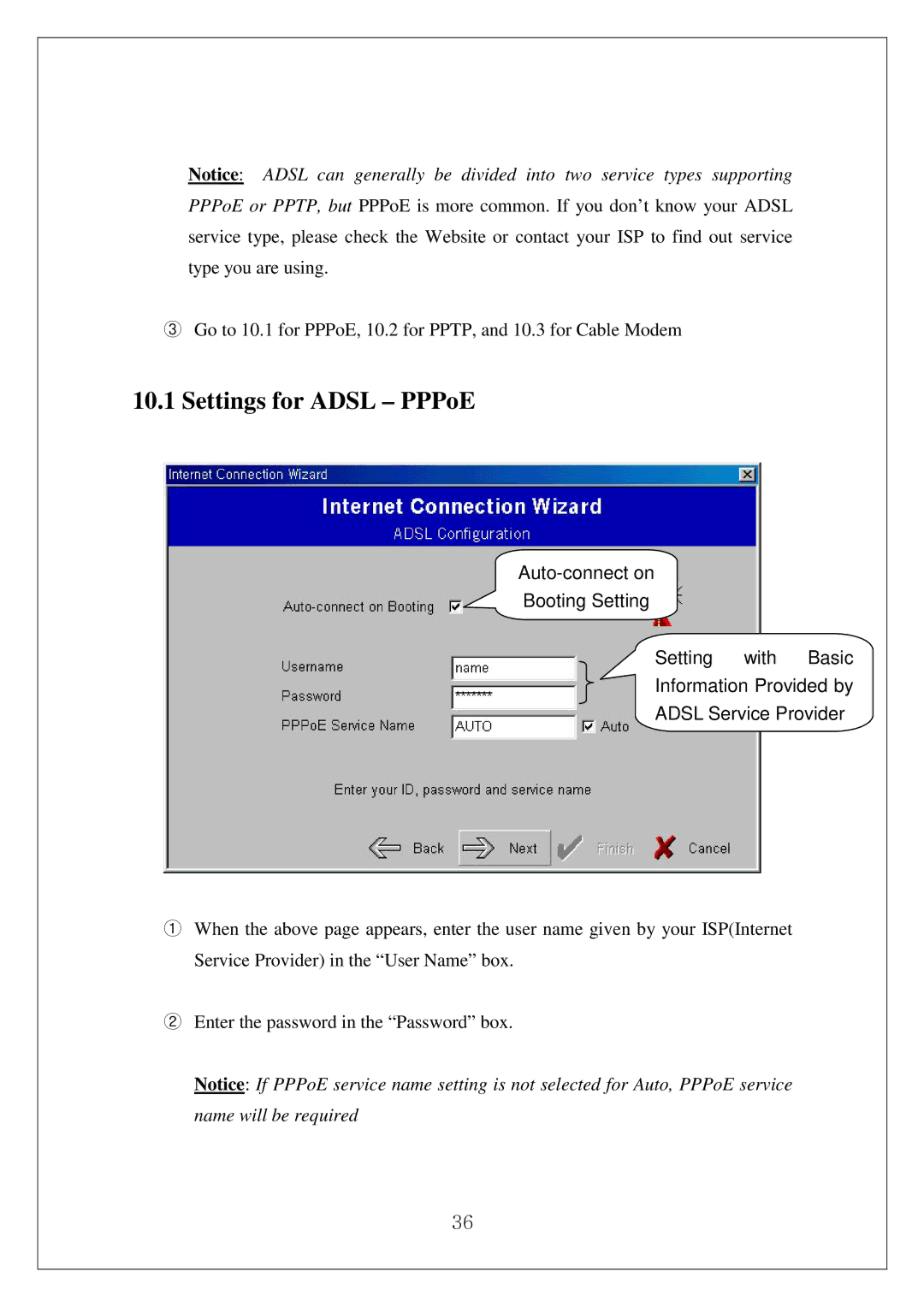 Samsung SWL-3000AP manual Settings for Adsl PPPoE 