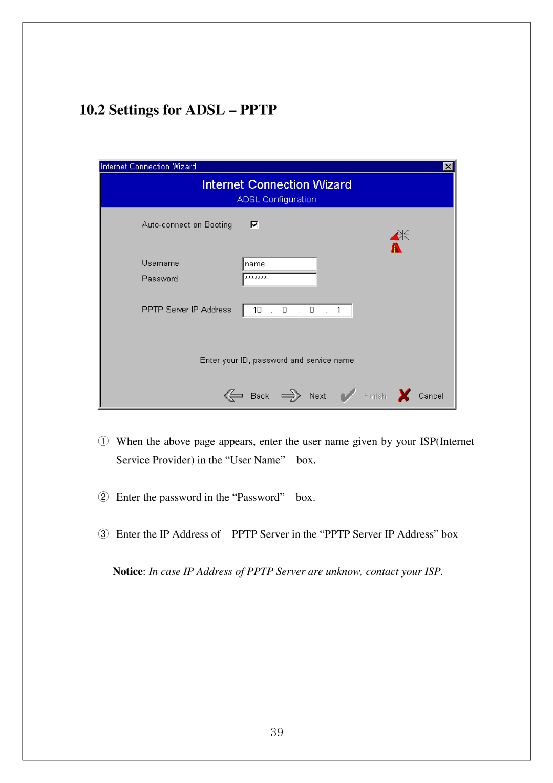 Samsung SWL-3000AP manual Settings for Adsl Pptp 