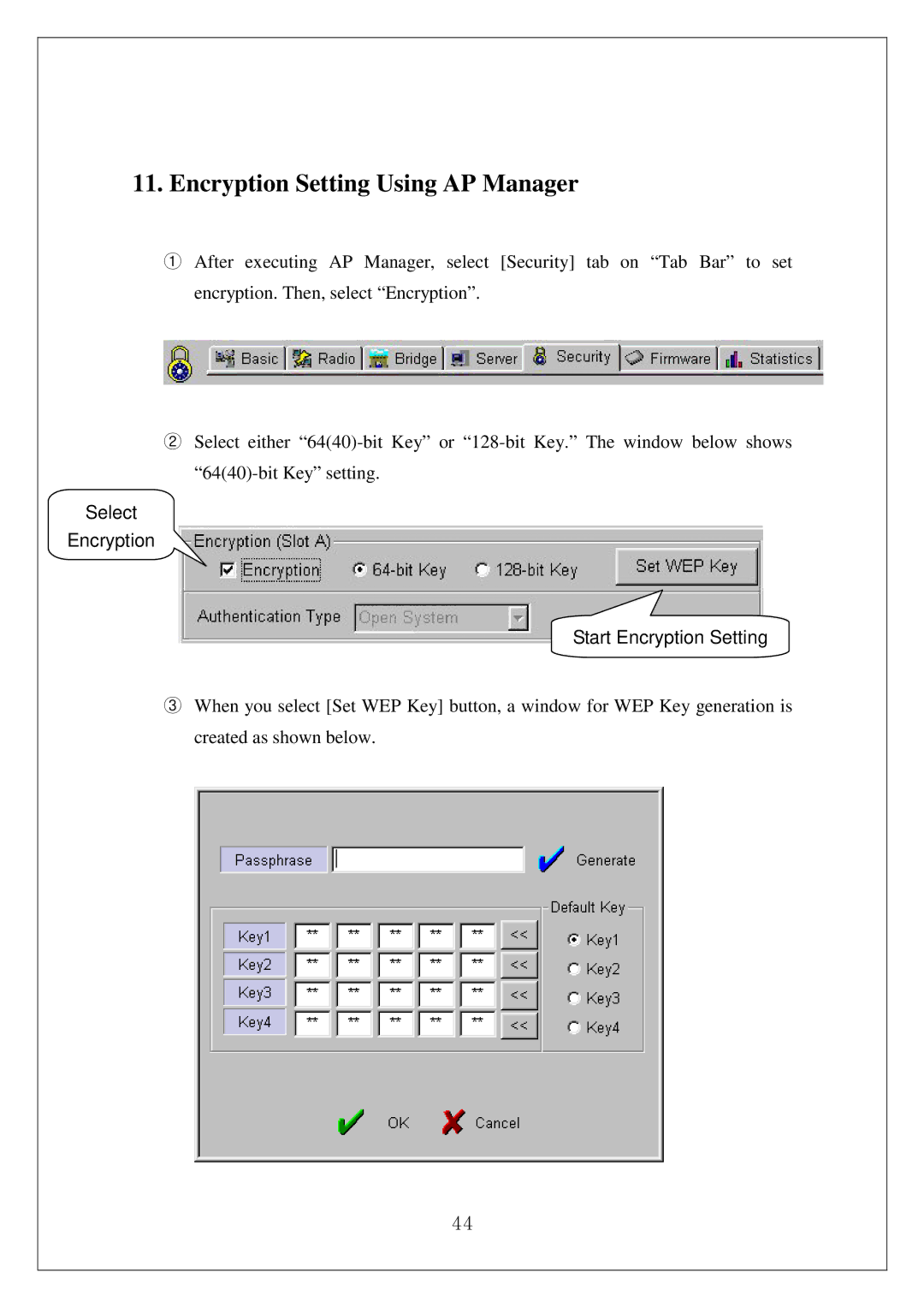 Samsung SWL-3000AP manual Encryption Setting Using AP Manager, Select Encryption Start Encryption Setting 