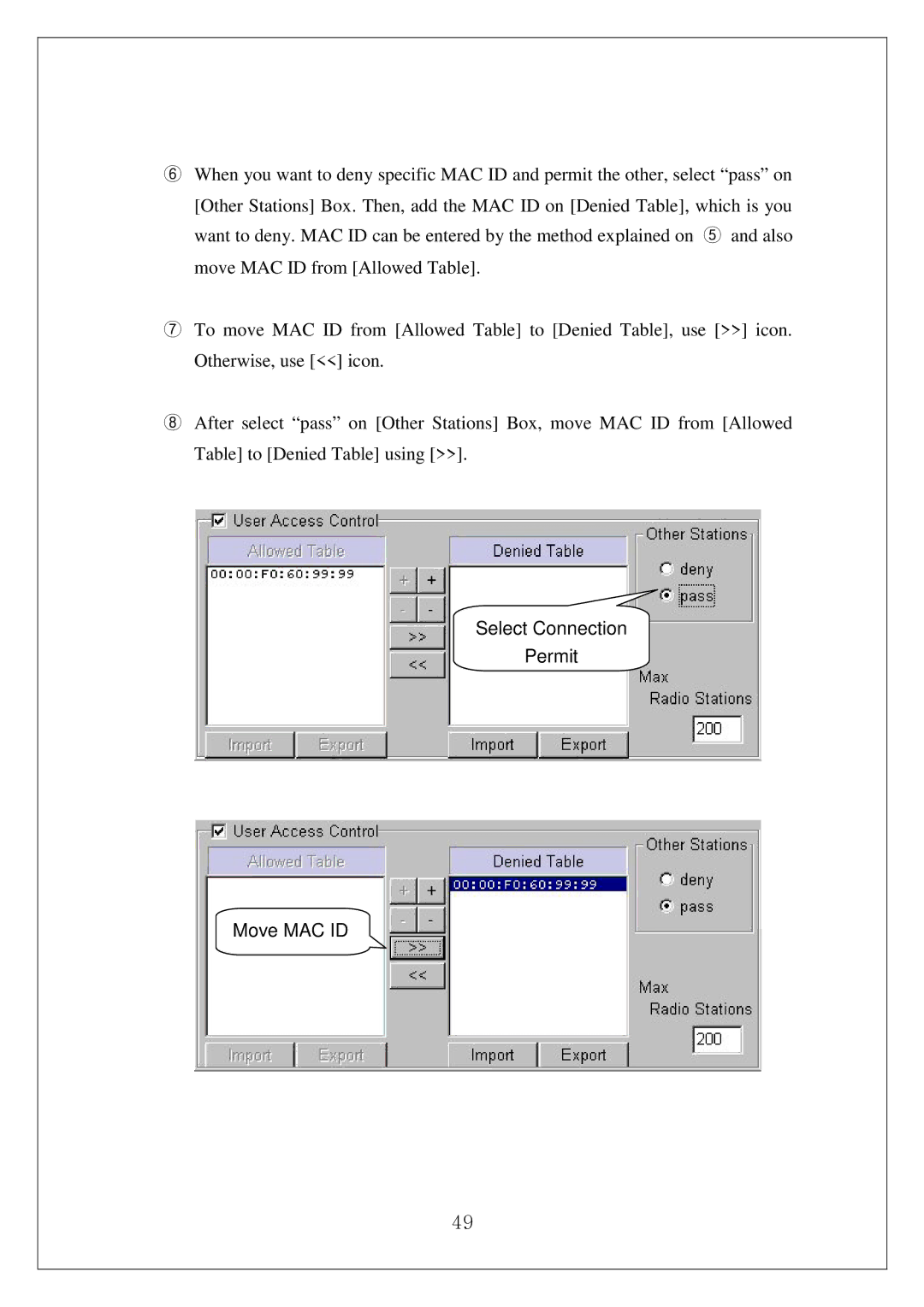 Samsung SWL-3000AP manual Select Connection Permit Move MAC ID 