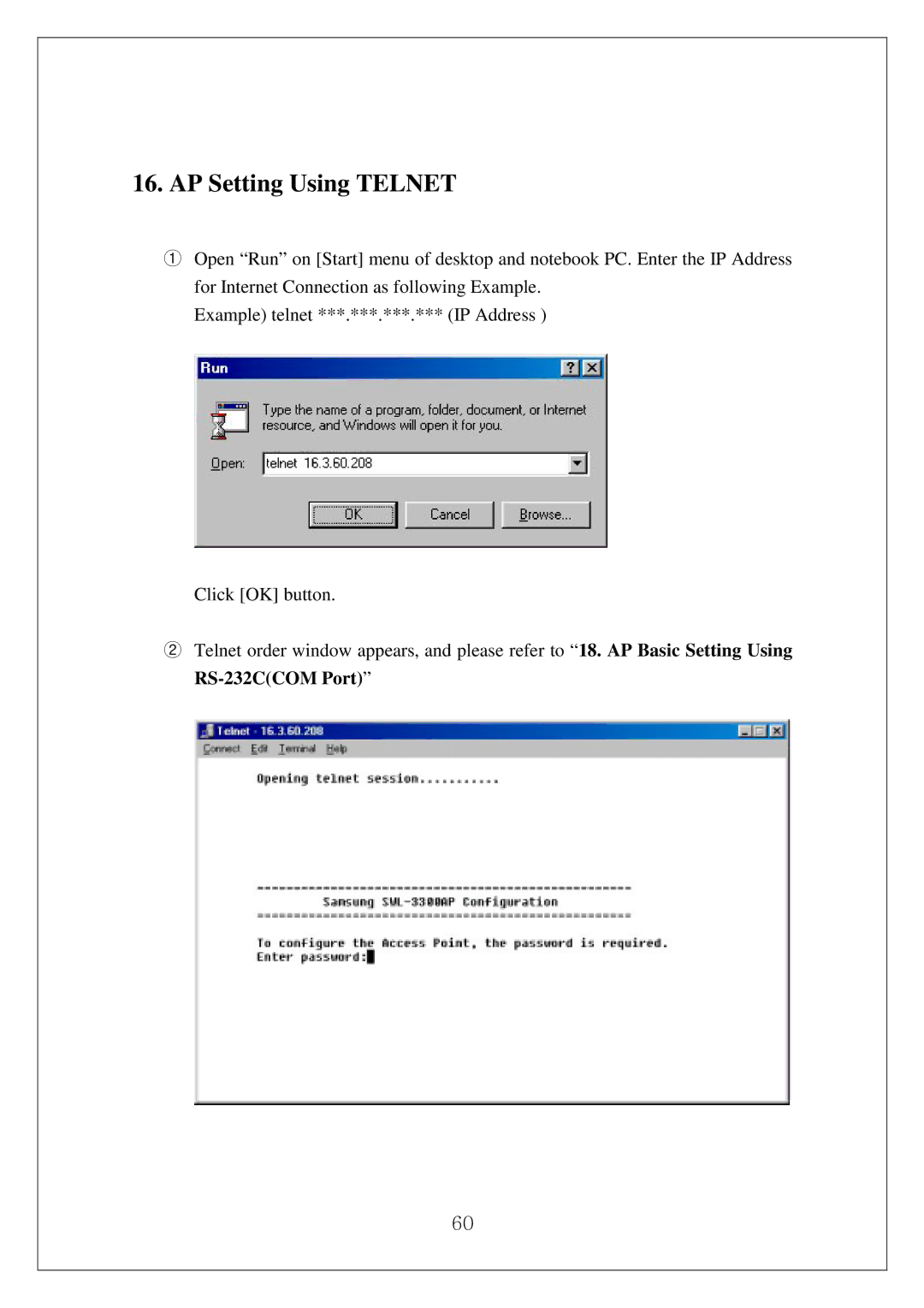 Samsung SWL-3000AP manual AP Setting Using Telnet 