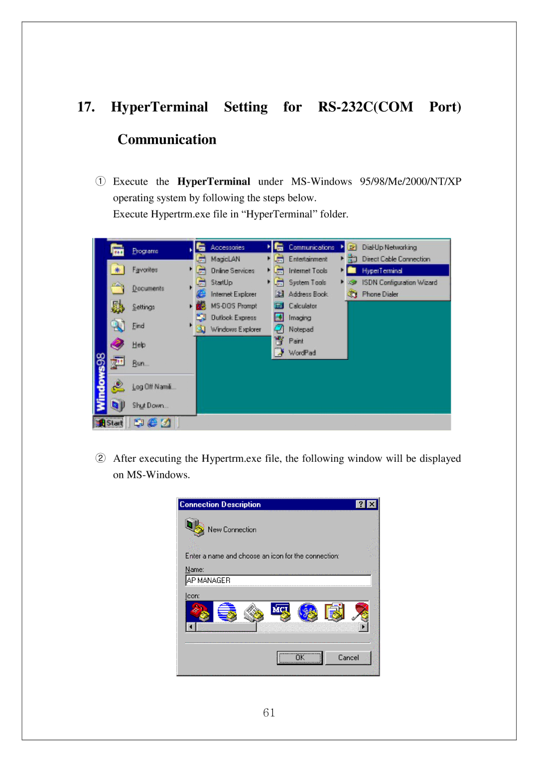 Samsung SWL-3000AP manual HyperTerminal Setting for RS-232CCOM Port Communication 