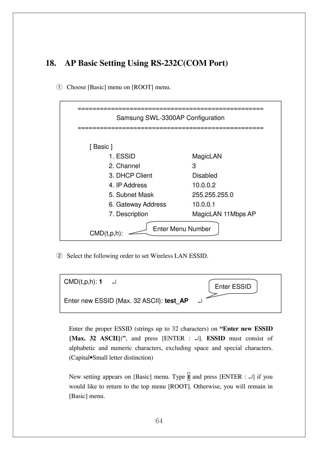 Samsung SWL-3000AP manual AP Basic Setting Using RS-232CCOM Port, MagicLAN, CMDt,p,h Enter Menu Number 