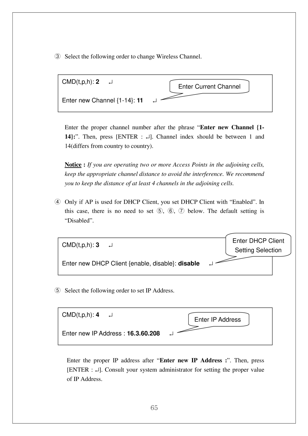 Samsung SWL-3000AP manual CMDt,p,h Enter Current Channel Enter new Channel 1-14, CMDt,p,h Enter Dhcp, Setting Selection 