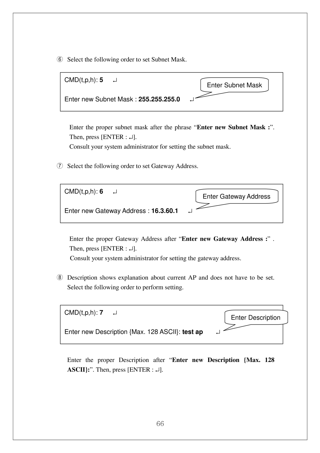 Samsung SWL-3000AP manual CMDt,p,h Enter Subnet Mask Enter new Subnet Mask 