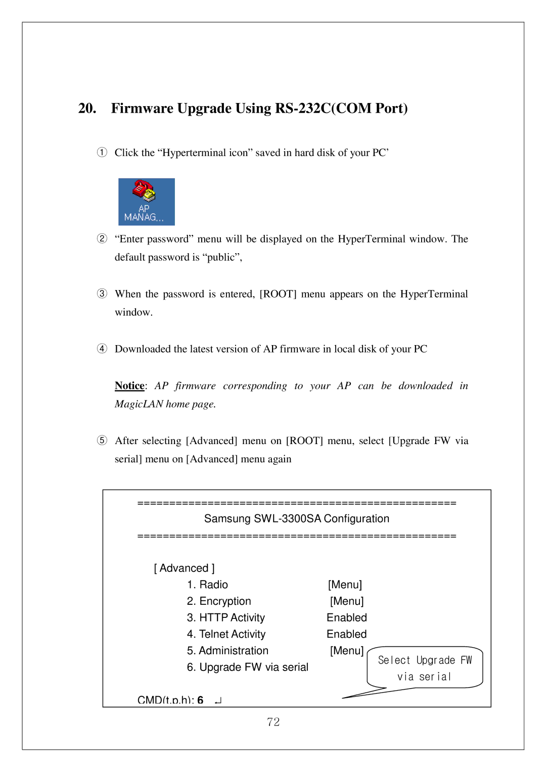 Samsung SWL-3000AP manual Firmware Upgrade Using RS-232CCOM Port, Via serial 