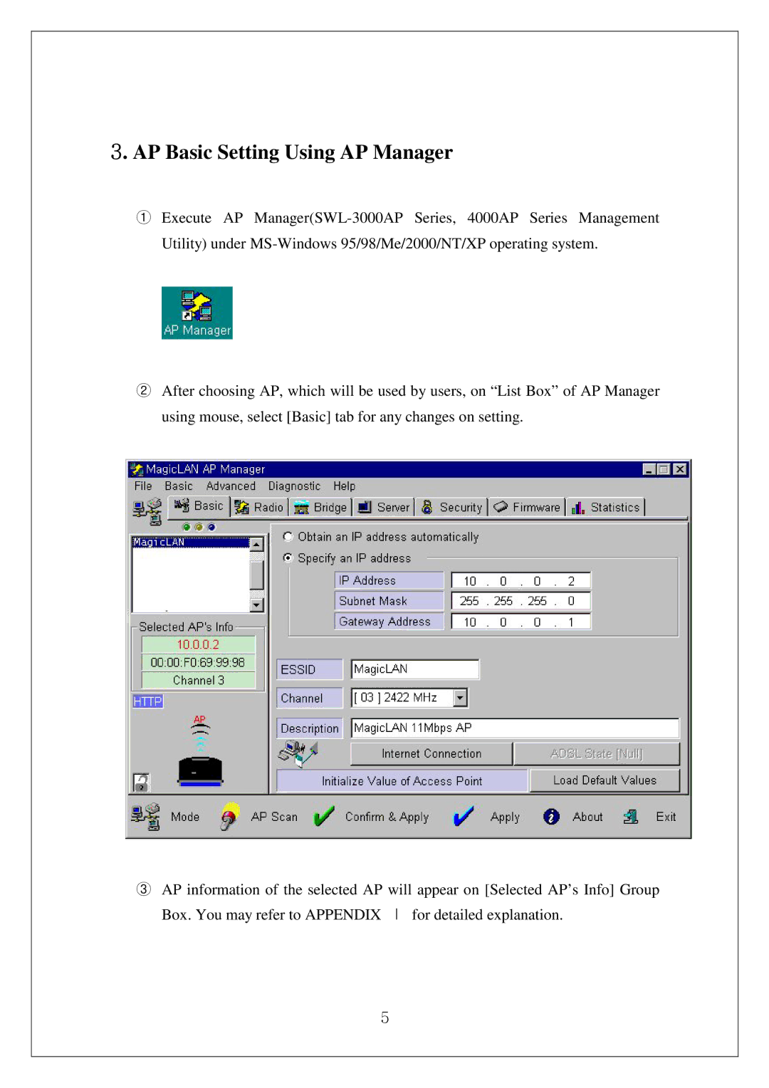 Samsung SWL-3000AP manual AP Basic Setting Using AP Manager 