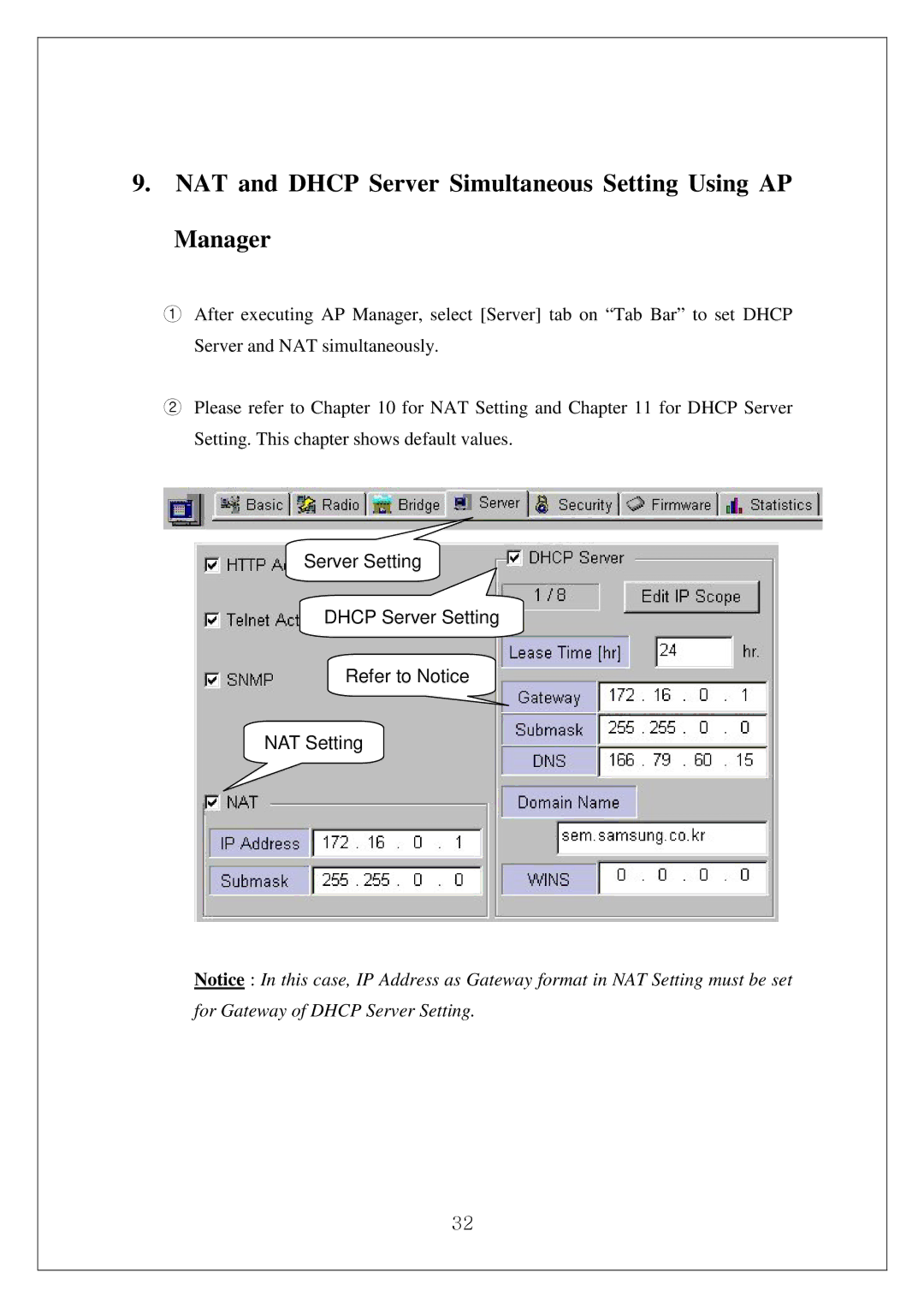 Samsung SWL-4000AP manual NAT and Dhcp Server Simultaneous Setting Using AP Manager 