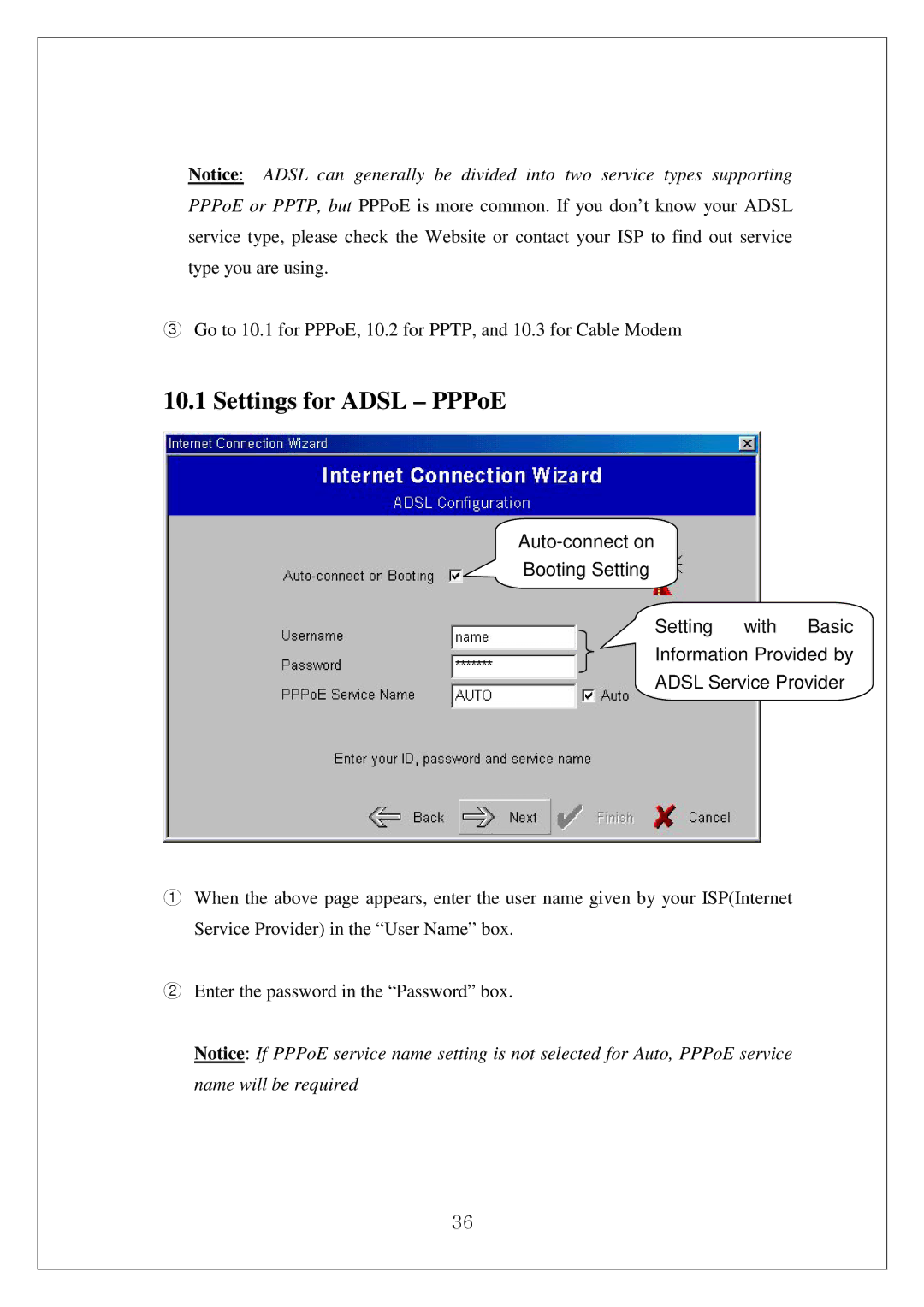 Samsung SWL-4000AP manual Settings for Adsl PPPoE 