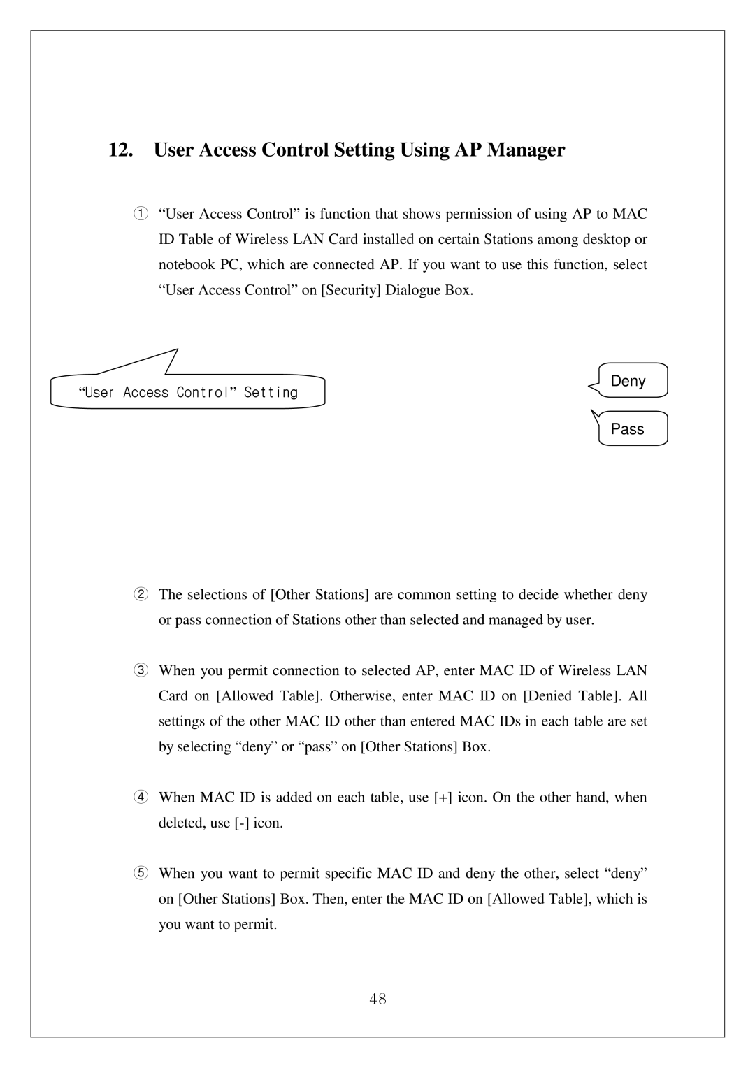 Samsung SWL-4000AP manual User Access Control Setting Using AP Manager, User Access Control Setting Deny Pass 