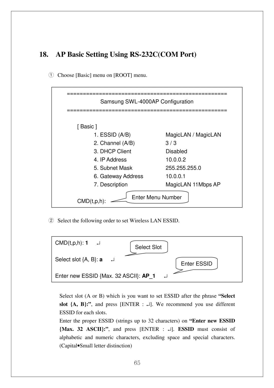 Samsung SWL-4000AP manual AP Basic Setting Using RS-232CCOM Port, MagicLAN / MagicLAN 