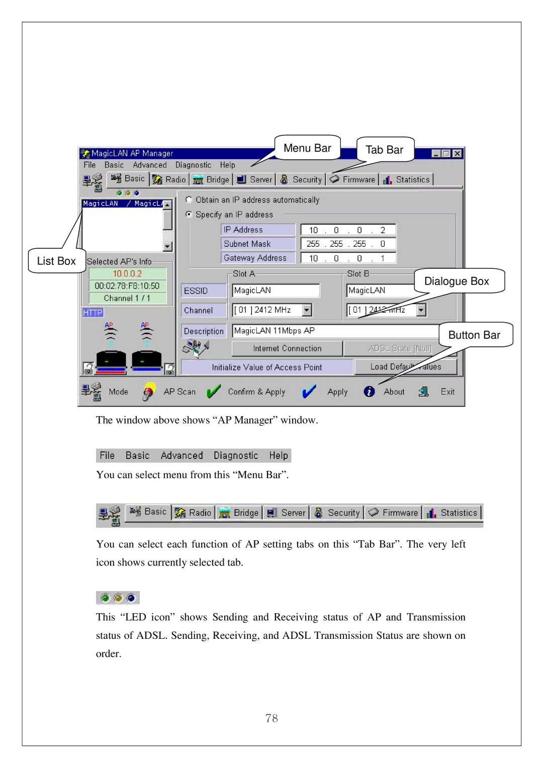 Samsung SWL-4000AP manual Menu Bar, List Box Dialogue Box Button Bar 