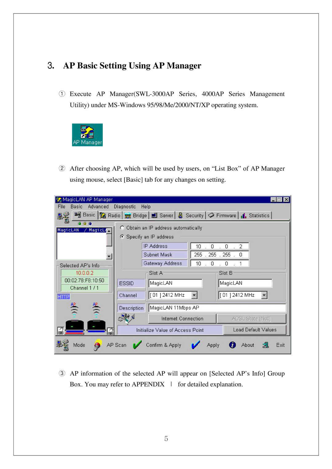 Samsung SWL-4000AP manual AP Basic Setting Using AP Manager 