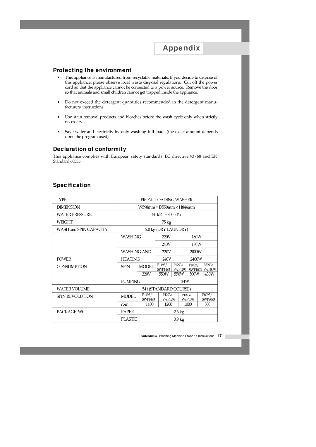 Samsung SWP1293, SWP8093, SWP1493, SWP1093 manual Protecting the environment, Declaration of conformity, Specification 