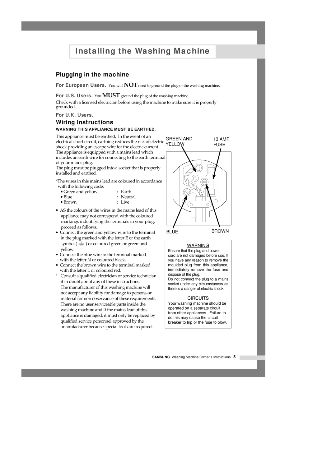 Samsung SWP8093, SWP1493, SWP1293, SWP1093 manual Plugging in the machine, Wiring lnstructions 