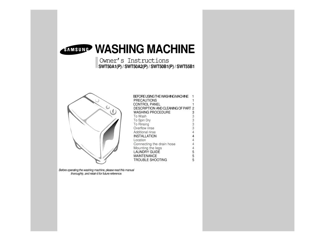 Samsung SWT50B1NW/YL, SWT50B1IW/YFE, SWT50B1IW/YAJ, SWT50B1EWS/XSG, SWT50B1EW/XSG, SWT50B1EW/YKH manual Washing Machine 