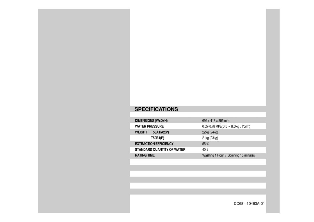 Samsung SWT50B1NW/YL, SWT50B1IW/YFE, SWT50B1IW/YAJ, SWT50B1EWS/XSG, SWT50B1EW/XSG, SWT50B1EW/YKH manual Specifications 