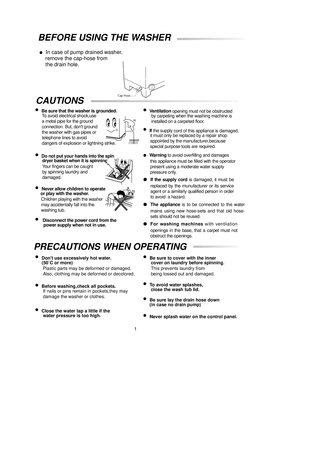 Samsung SWT80H2PEW/XSG manual Before Using the Washer, Precautions When Operating, Before washing,check all pockets 