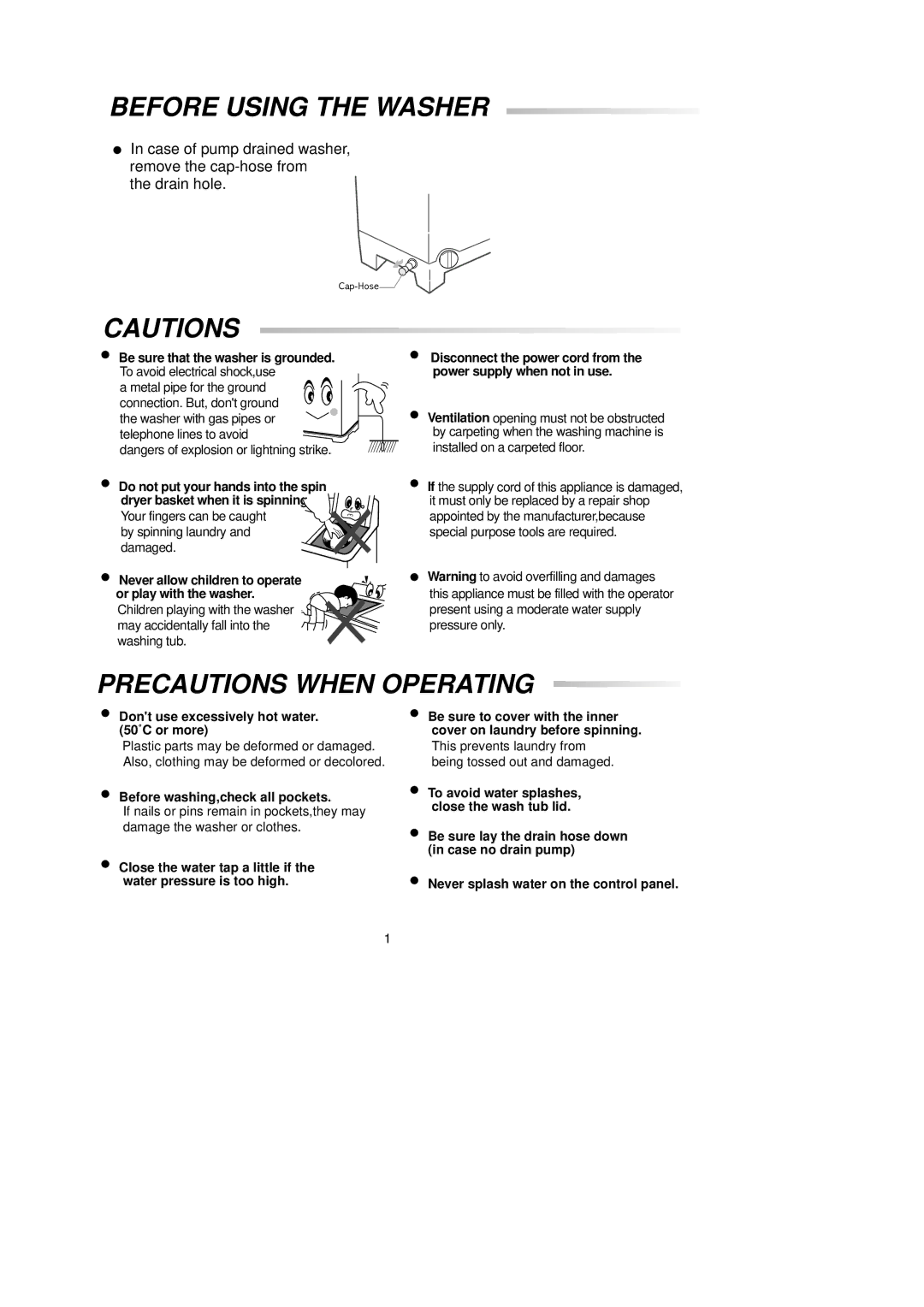 Samsung SWT80H2PEW/XSG manual Before Using the Washer, Precautions When Operating, Before washing,check all pockets 