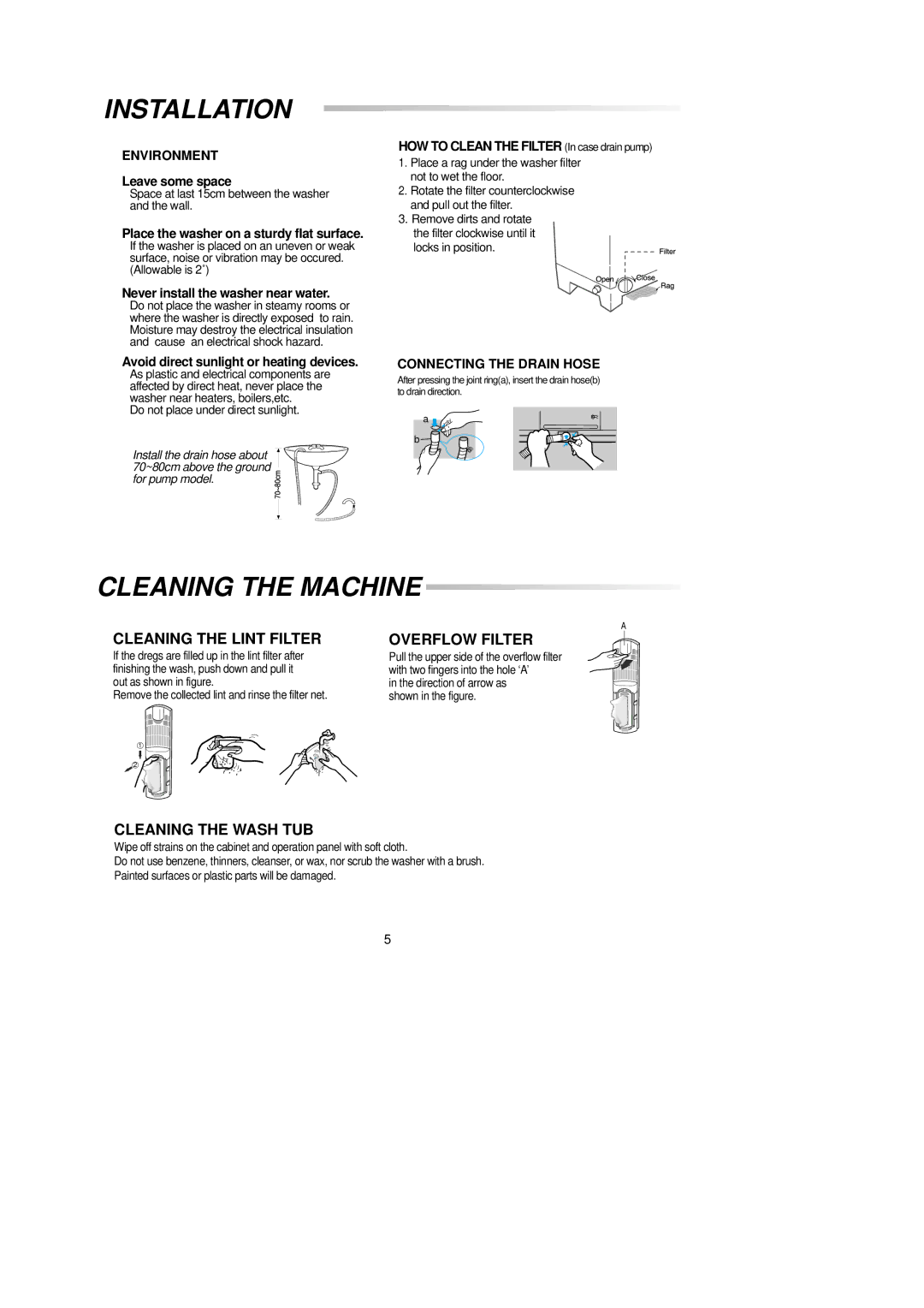 Samsung WT90H2EW/XSG Installation, Cleaning the Machine, Cleaning the Lint Filter, Overflow Filter, Cleaning the Wash TUB 