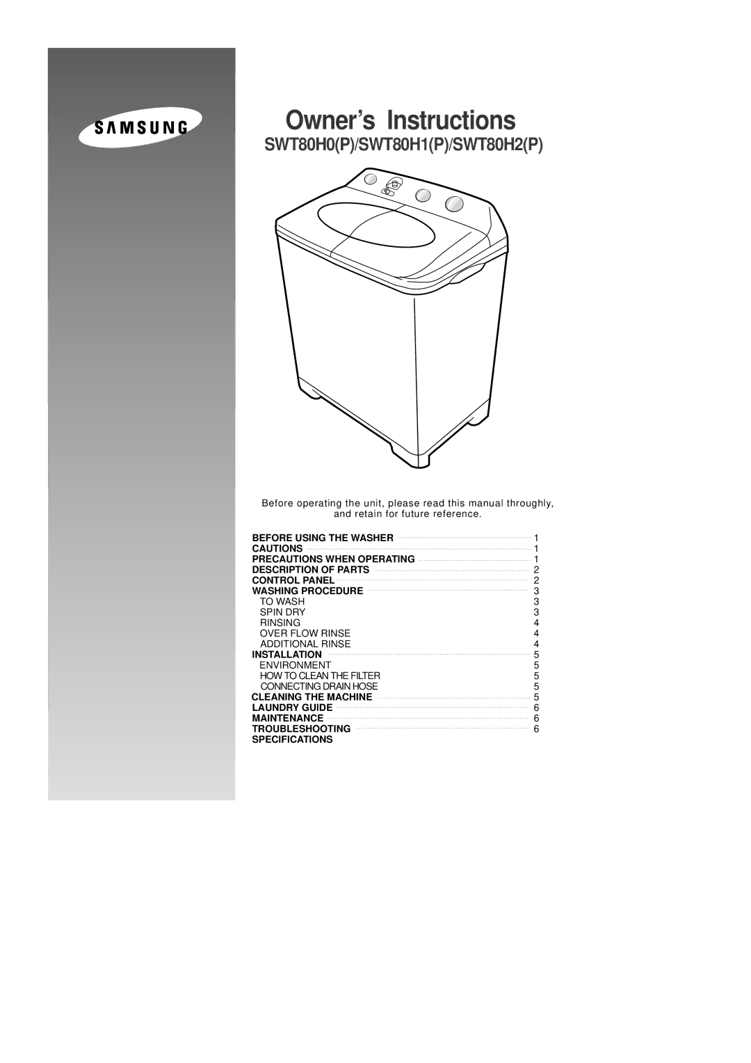 Samsung WT90H2IW/XSG, SWT80H2EW/XSG, SWT80H2PEW/XSG, SWT81H2NW/YL, SWT80H2EW/YQH, SWT80H2PEW/YOS manual Owner’s Instructions 