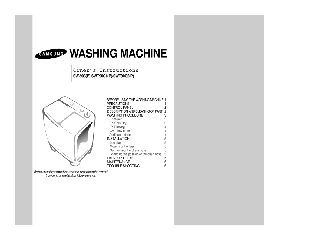 Samsung SWT90C1(P), SWT90C2(P), SW-903(P) manual Washing Machine, SW-903P/SWT90C1P/SWT90C2P 