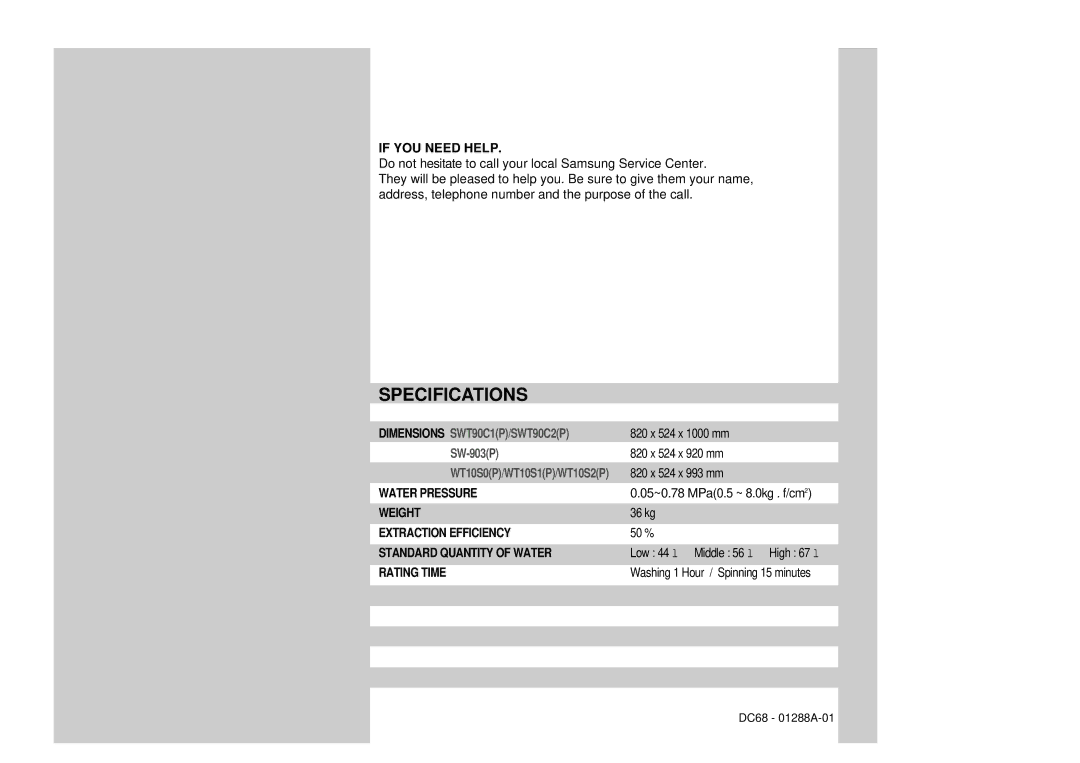 Samsung SW-903(P), SWT90C2(P), SWT90C1(P) manual If YOU Need Help, 05~0.78 MPa0.5 ~ 8.0kg . f/cm2 