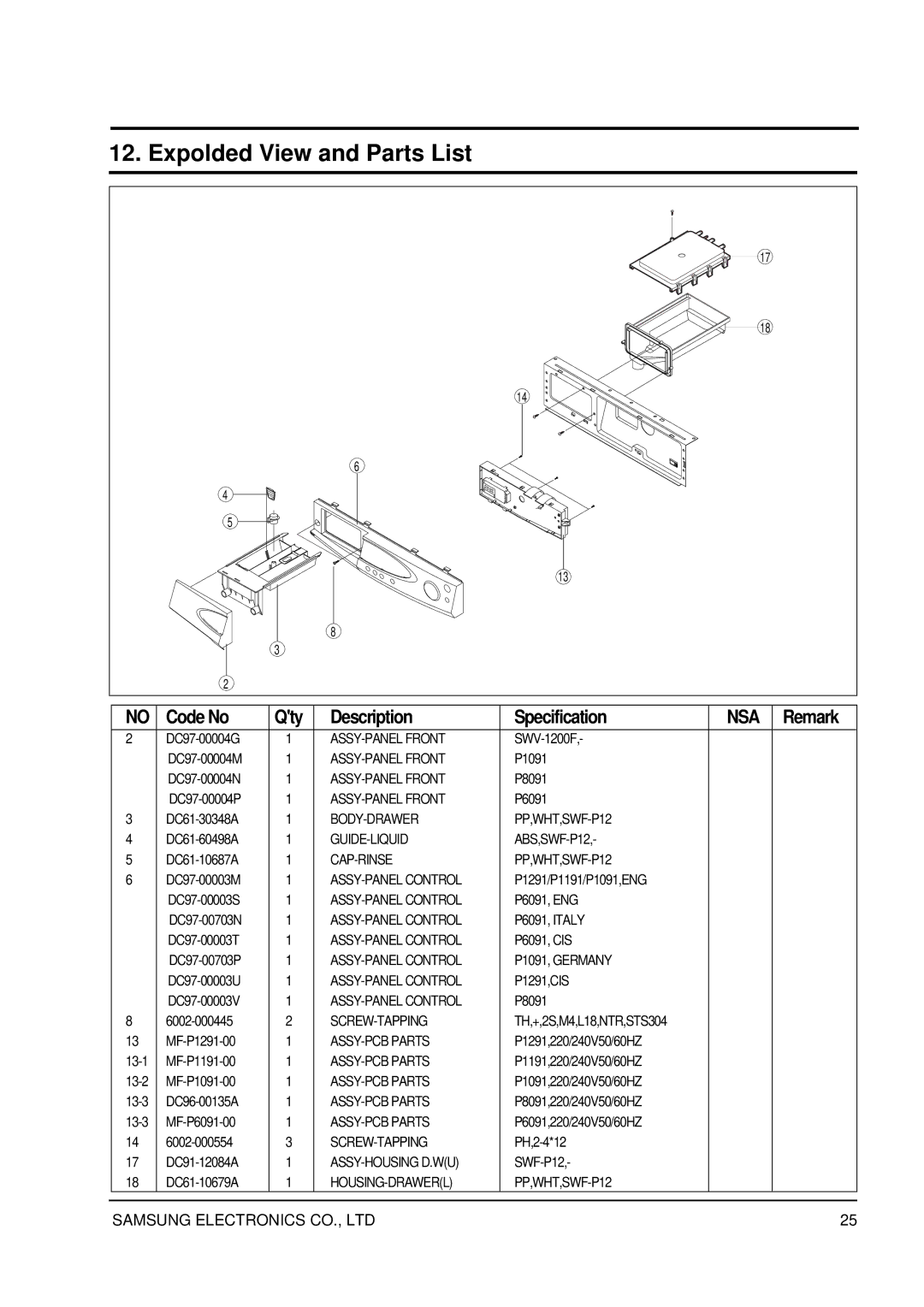 Samsung SWV-1200F service manual ASSY-PANEL Front 