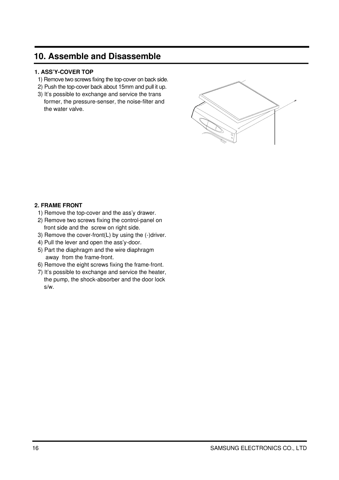 Samsung SWV-1200F service manual Assemble and Disassemble, Ass’Y-Cover Top, Frame Front 