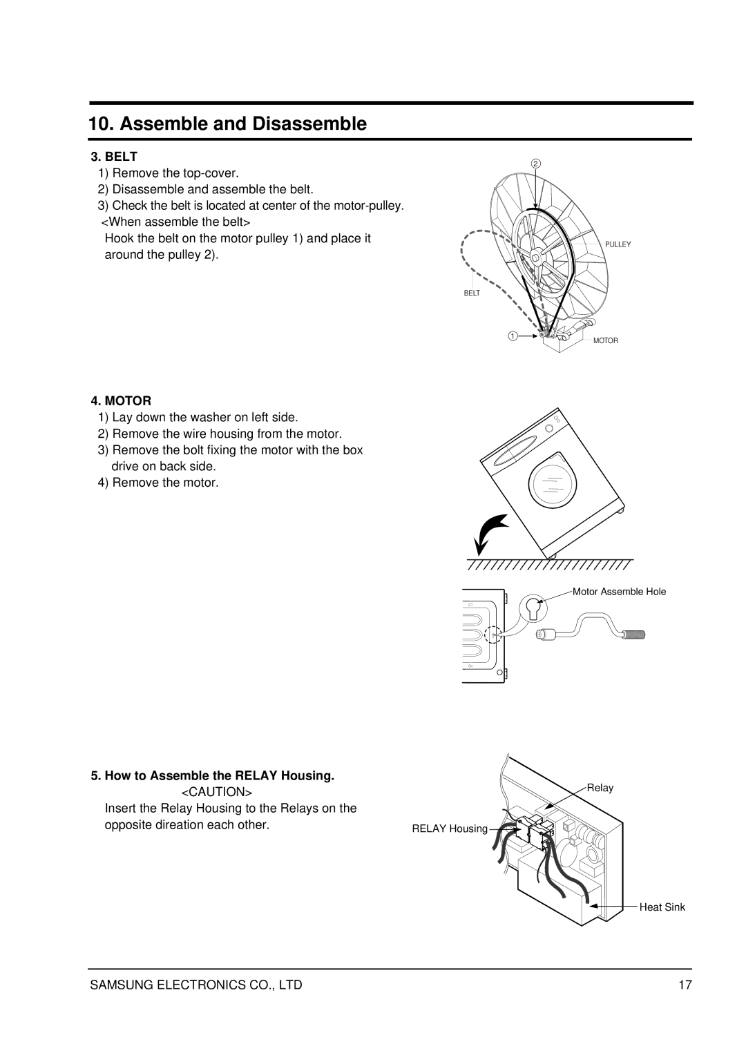 Samsung SWV-1200F service manual Belt, Motor, How to Assemble the Relay Housing. Caution 