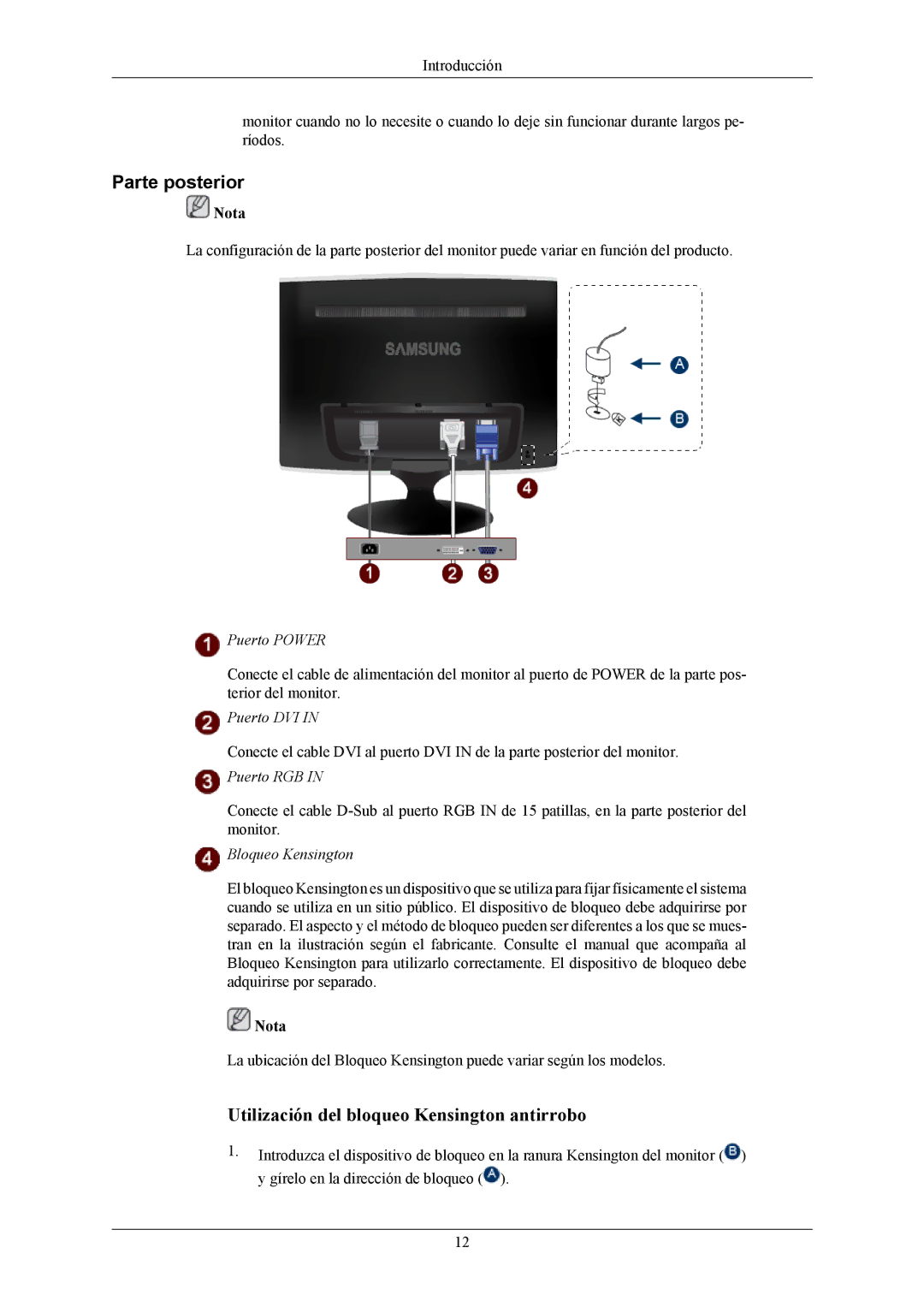 Samsung T190 quick start Parte posterior, Puerto Power 