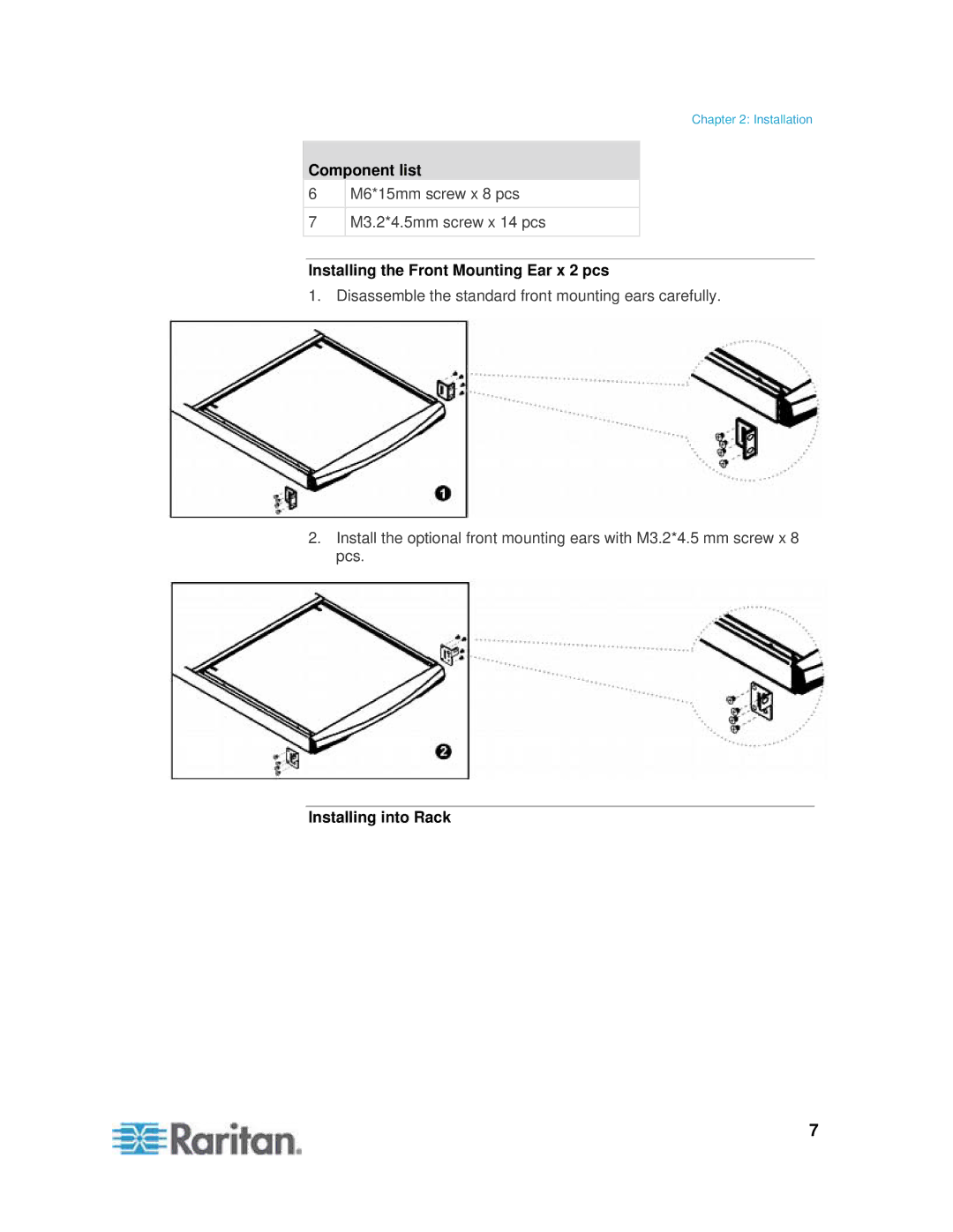 Samsung T1900 manual Installing the Front Mounting Ear x 2 pcs, Installing into Rack 