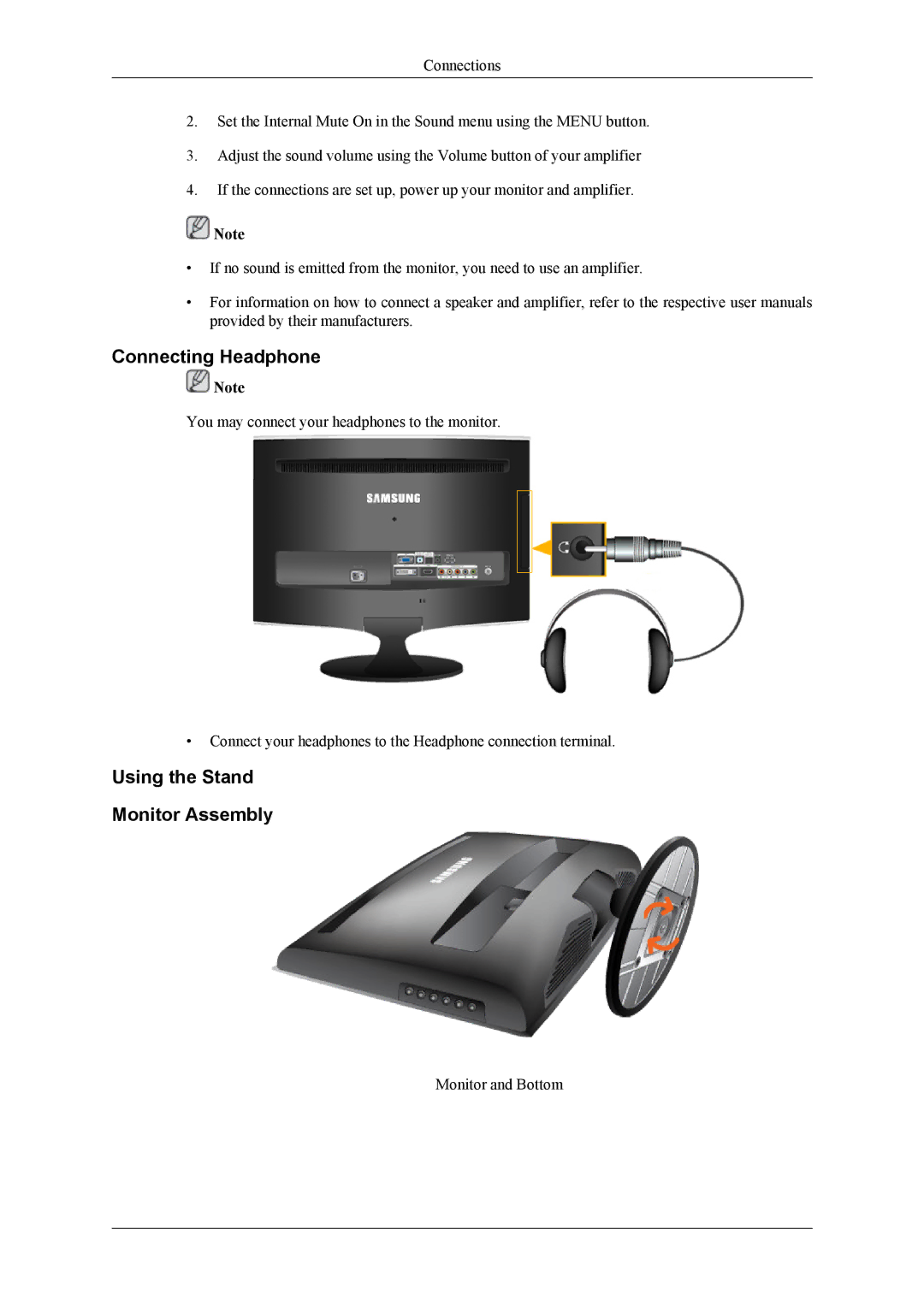 Samsung T200HD, T220HD user manual Connecting Headphone, Using the Stand Monitor Assembly 