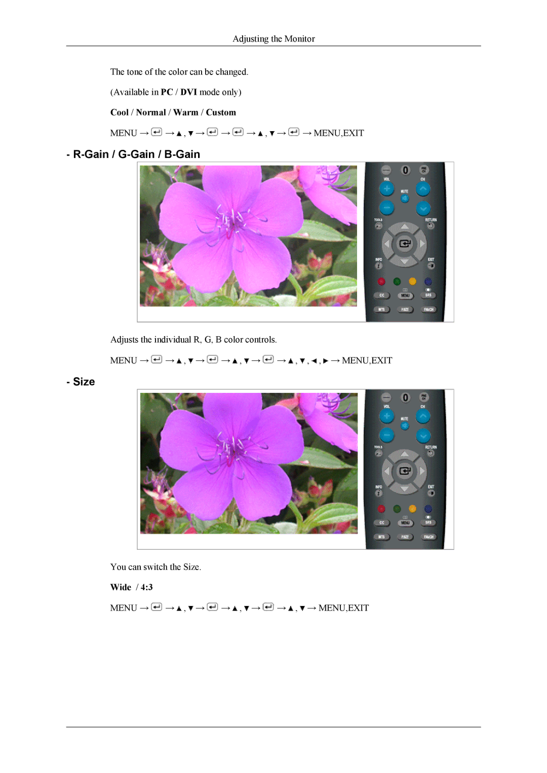 Samsung T220HD, T200HD user manual Gain / G-Gain / B-Gain, Size, Wide 