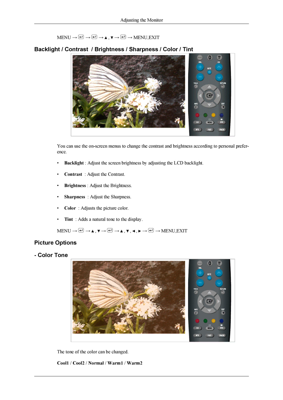 Samsung T220HD, T200HD user manual Backlight / Contrast / Brightness / Sharpness / Color / Tint 