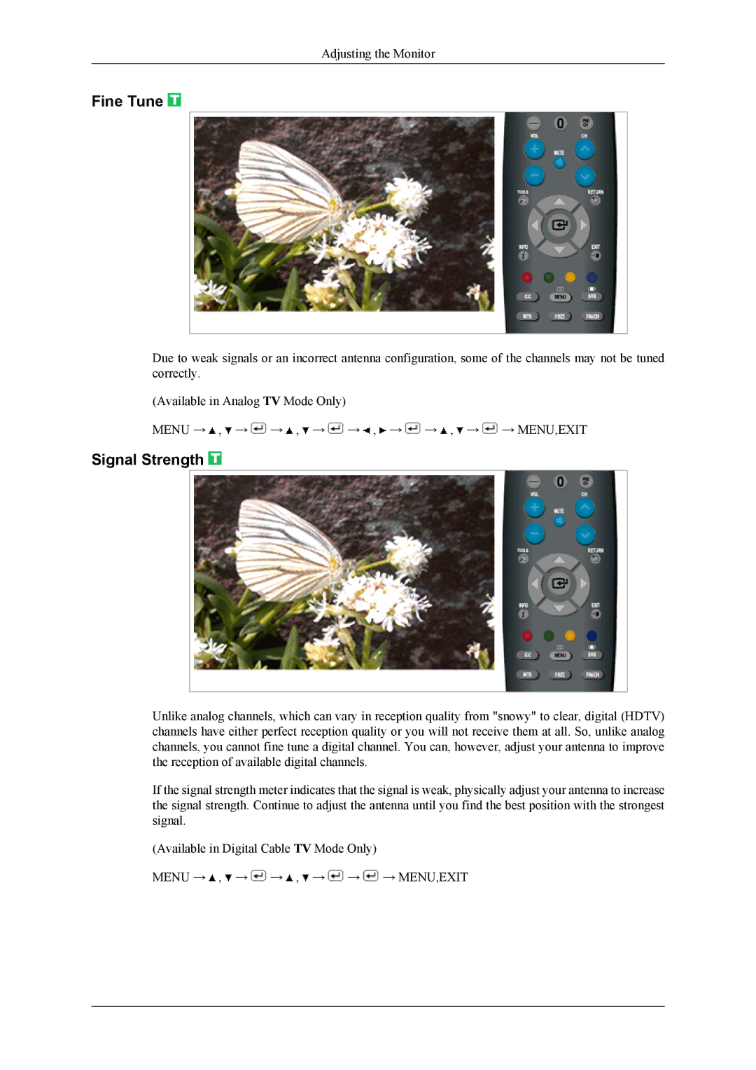 Samsung T200HD, T220HD user manual Fine Tune, Signal Strength 