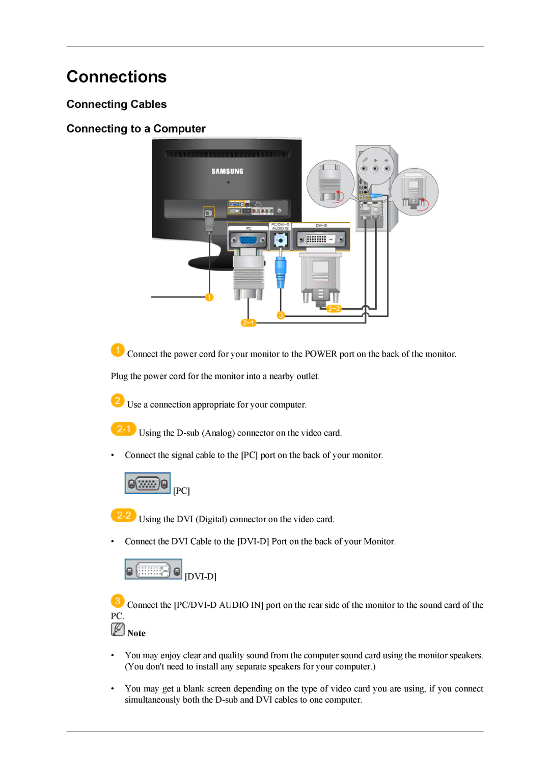 Samsung T220HD, T200HD quick start Connections, Connecting Cables Connecting to a Computer 